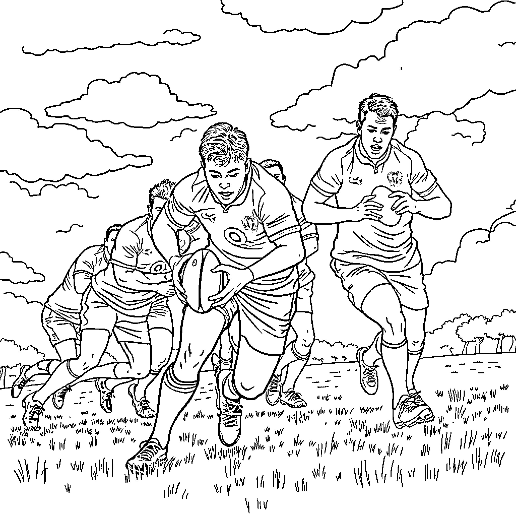 Rugby Players Engaging in Intense Match on the Field Coloring Page (free black-and-white line drawing printable PDF for all, from beginners to advanced learners, including children, teens, adults, and seniors)