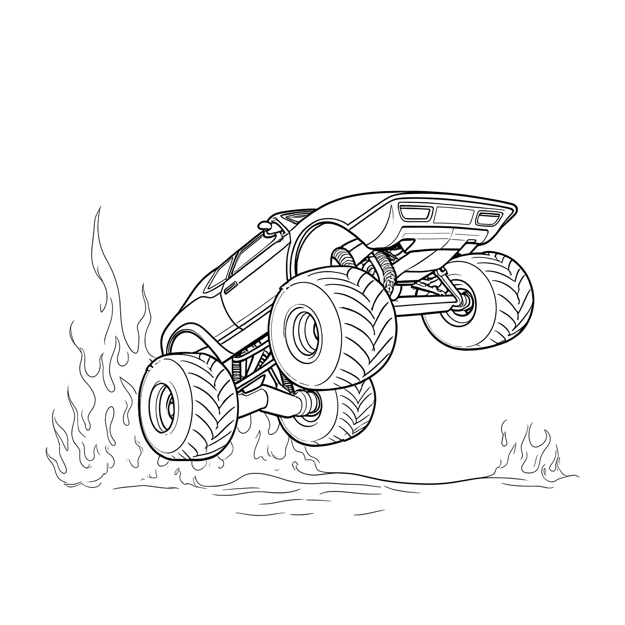 Lamborghini monster truck racing through flames Coloring Page (free black-and-white line drawing printable PDF for all, from beginners to advanced learners, including children, teens, adults, and seniors)