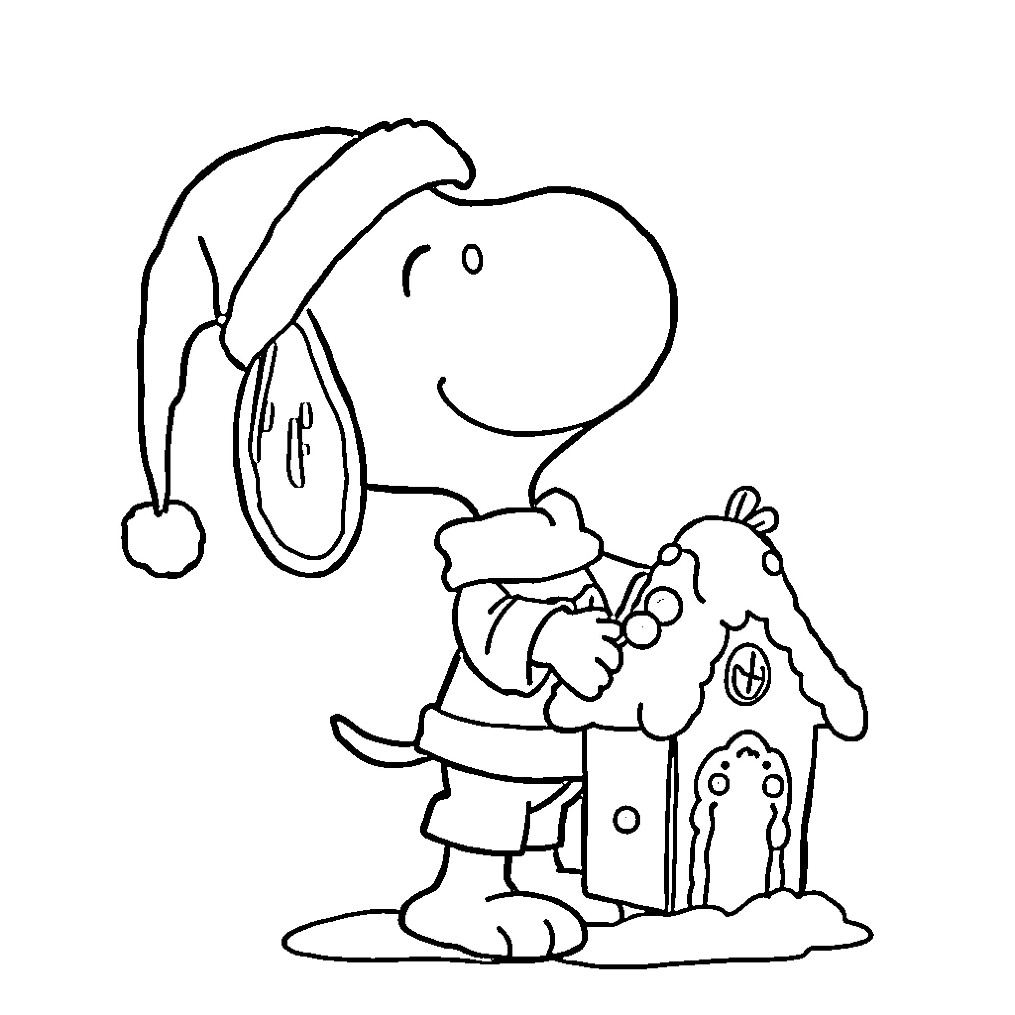 Snoopy Decorating a Christmas House Coloring Page (free black-and-white line drawing printable PDF for all, from beginners to advanced learners, including children, teens, adults, and seniors)