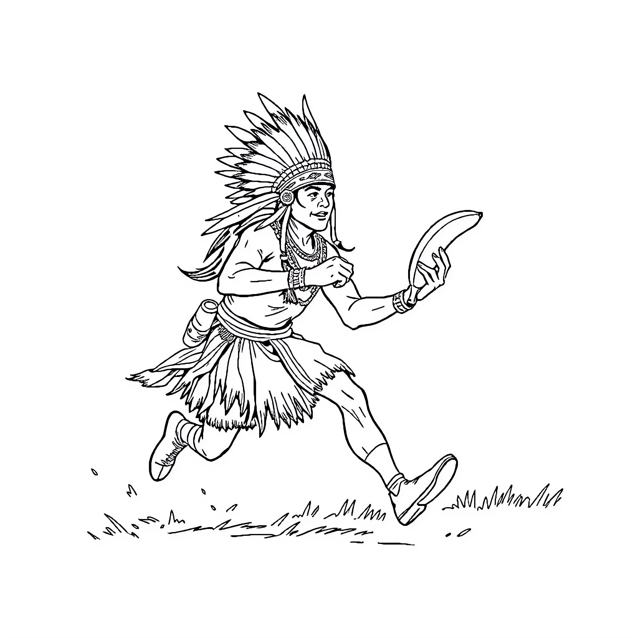 Warrior Chief Boldly Wielding Weapon in Action Coloring Page (free black-and-white line drawing printable PDF for all, from beginners to advanced learners, including children, teens, adults, and seniors)
