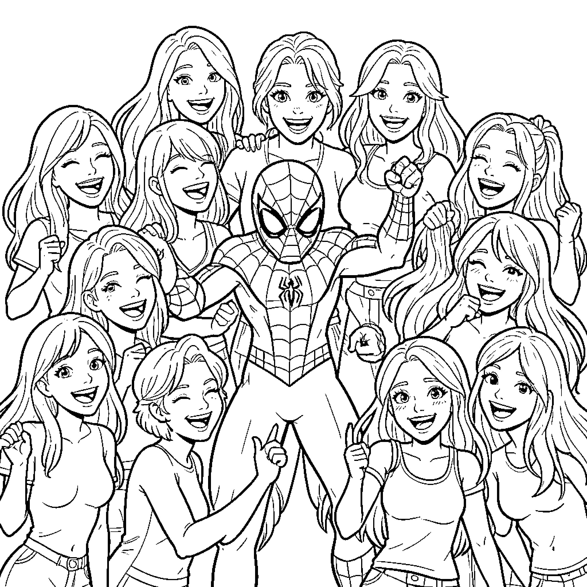 Spider-Man posing with a large group of cheering fans Coloring Page (free black-and-white line drawing printable PDF for all, from beginners to advanced learners, including children, teens, adults, and seniors)