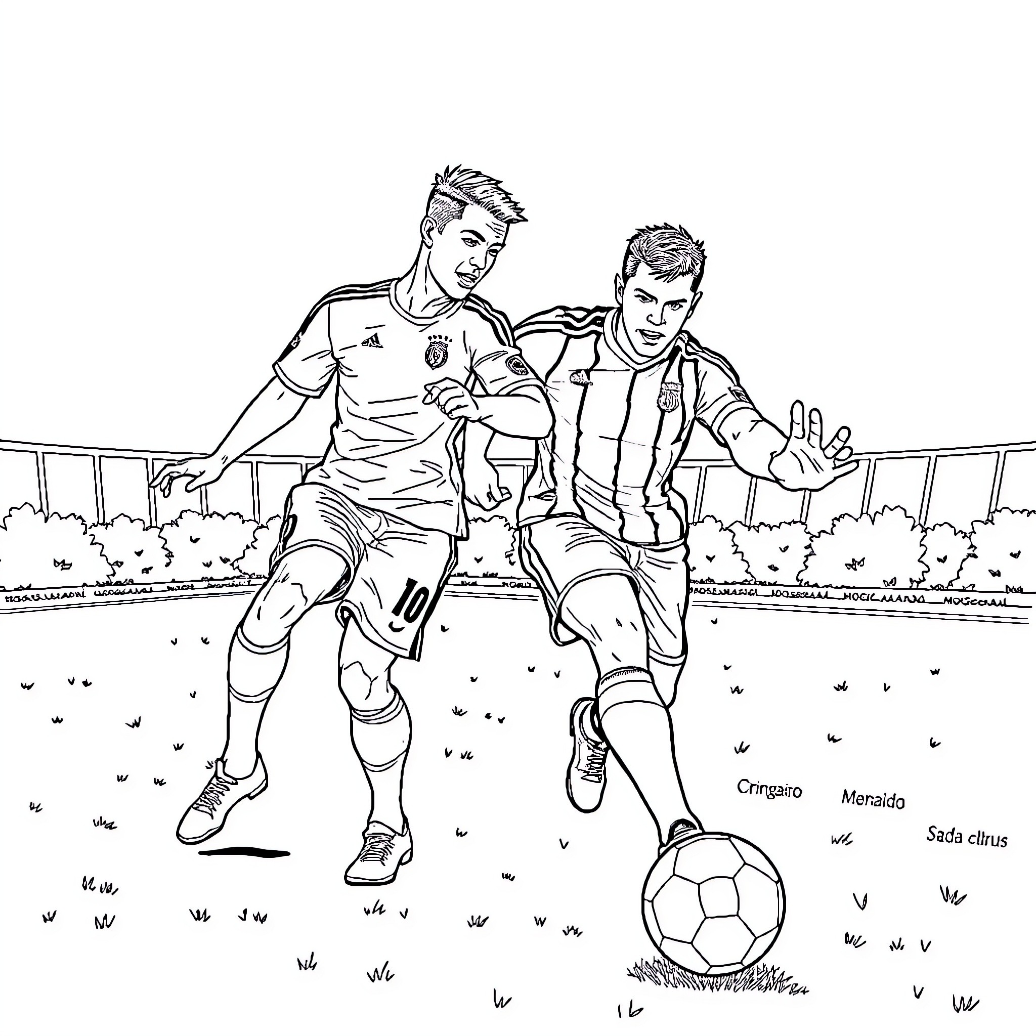 Football players in competition on the field Coloring Page (free black-and-white line drawing printable PDF for all, from beginners to advanced learners, including children, teens, adults, and seniors)