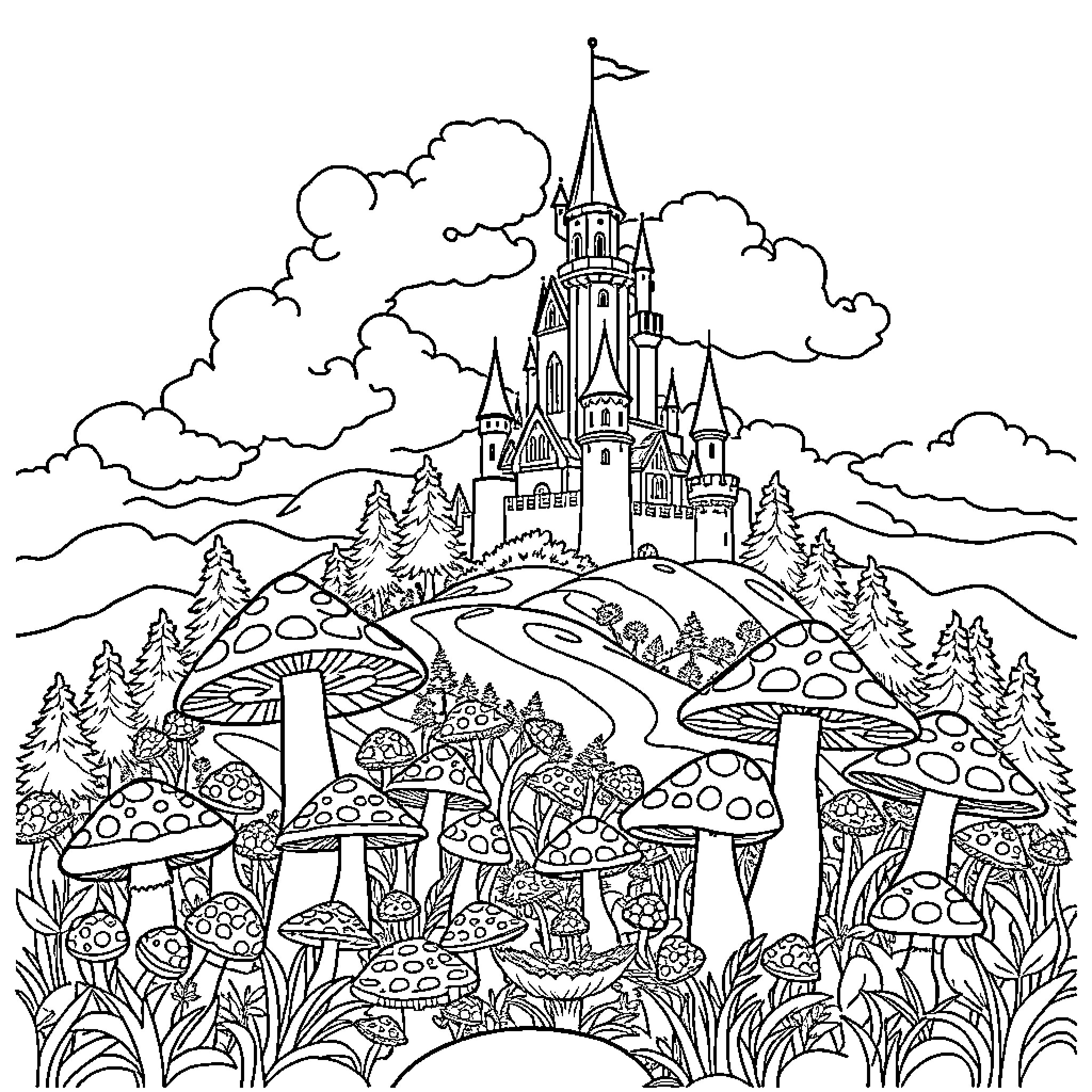 Mushroom Castle Fantasy Landscape Coloring Page (free black-and-white line drawing printable PDF for all, from beginners to advanced learners, including children, teens, adults, and seniors)