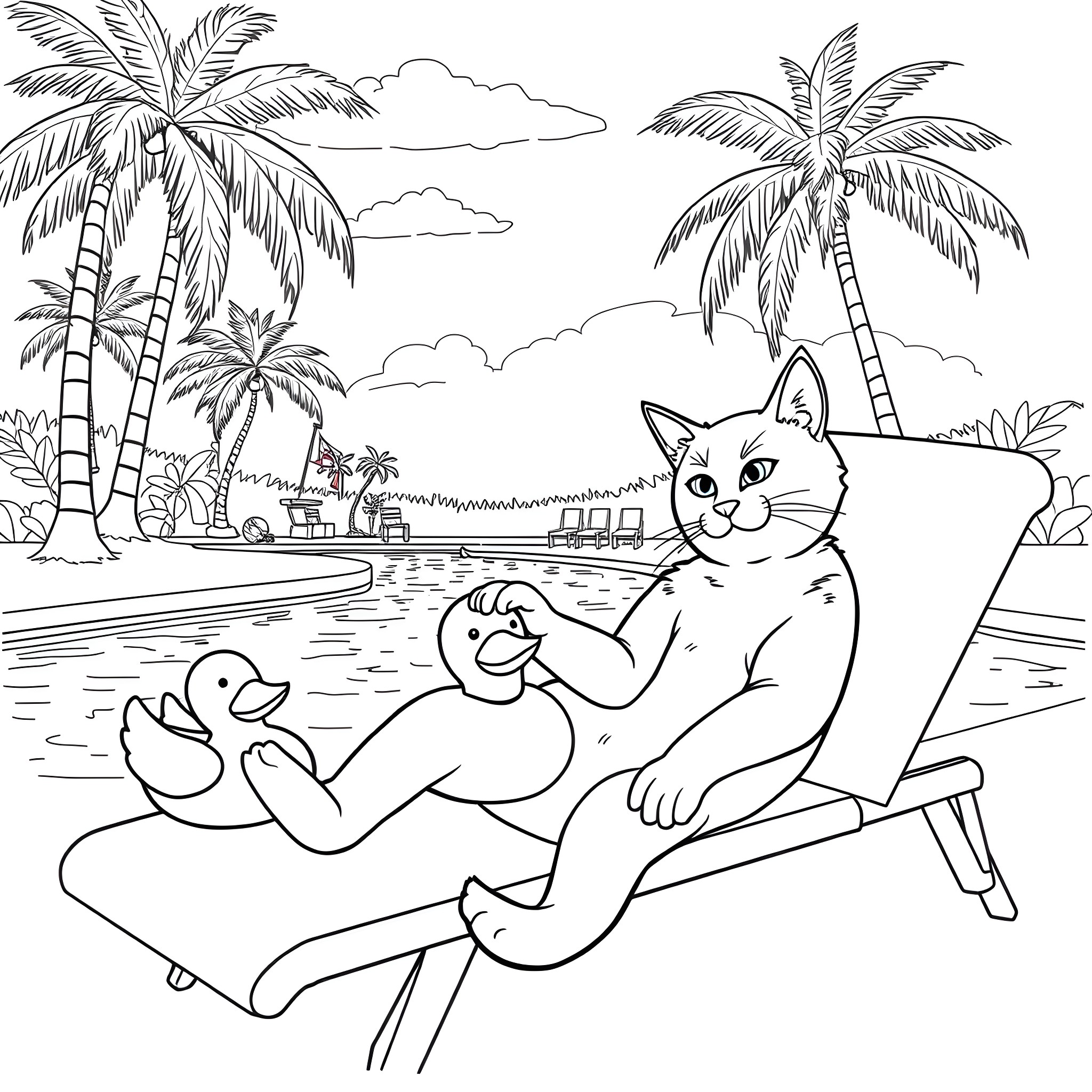Cat relaxing on a beach chair by the sea Coloring Page (free black-and-white line drawing printable PDF for all, from beginners to advanced learners, including children, teens, adults, and seniors)
