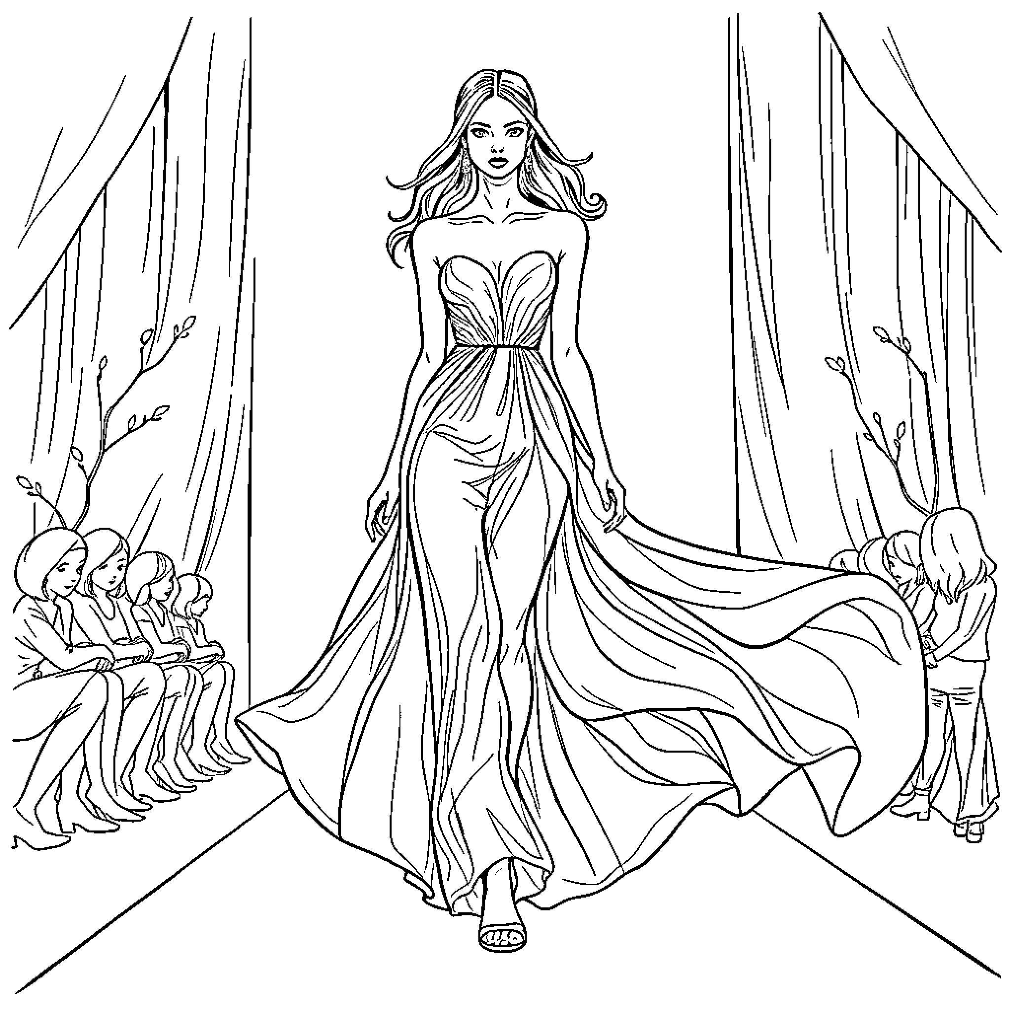 Dress worn by model strutting down runway Coloring Page (free black-and-white line drawing printable PDF for all, from beginners to advanced learners, including children, teens, adults, and seniors)