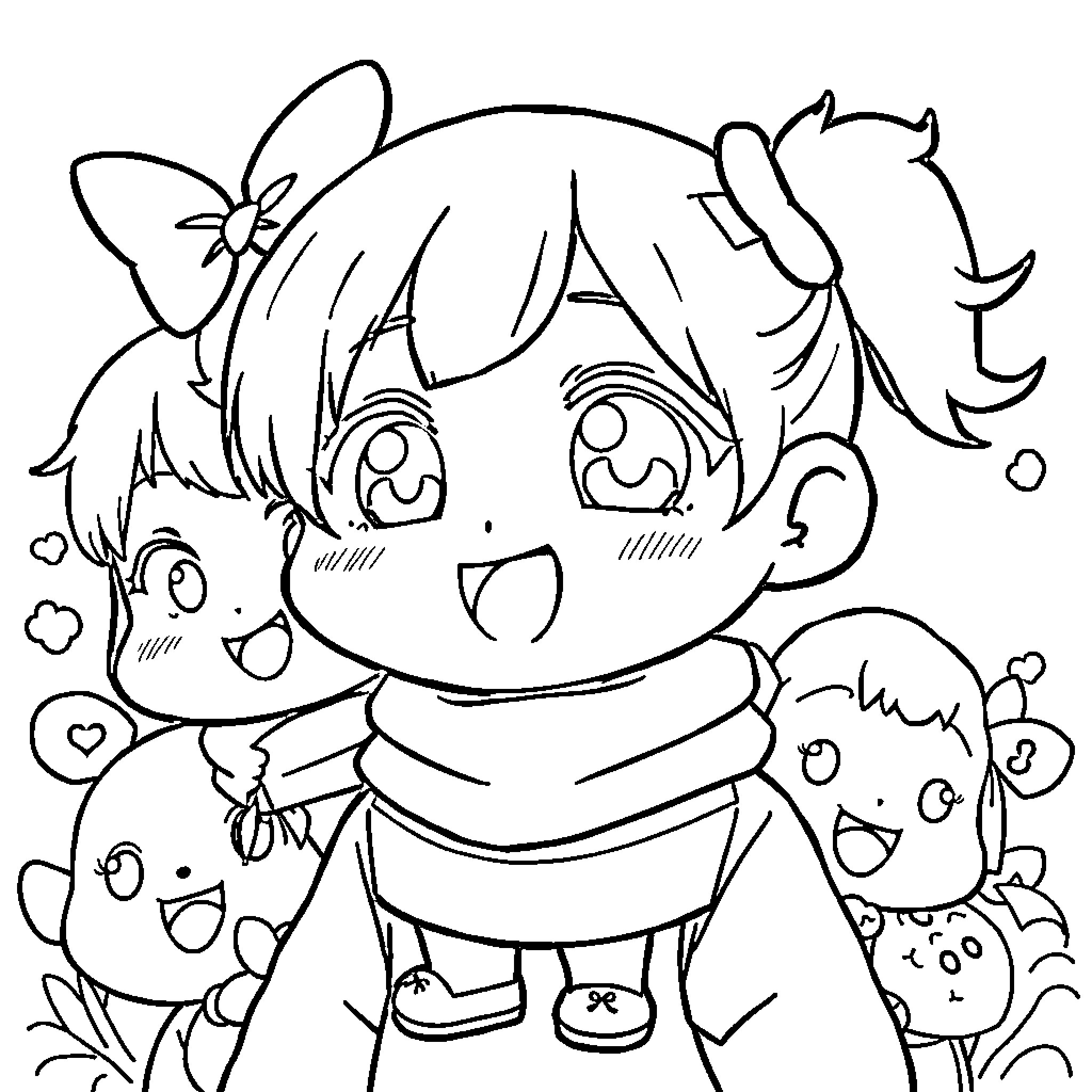 Anime Cheerful Girl with Plush Toys Coloring Page (free black-and-white line drawing printable PDF for all, from beginners to advanced learners, including children, teens, adults, and seniors)