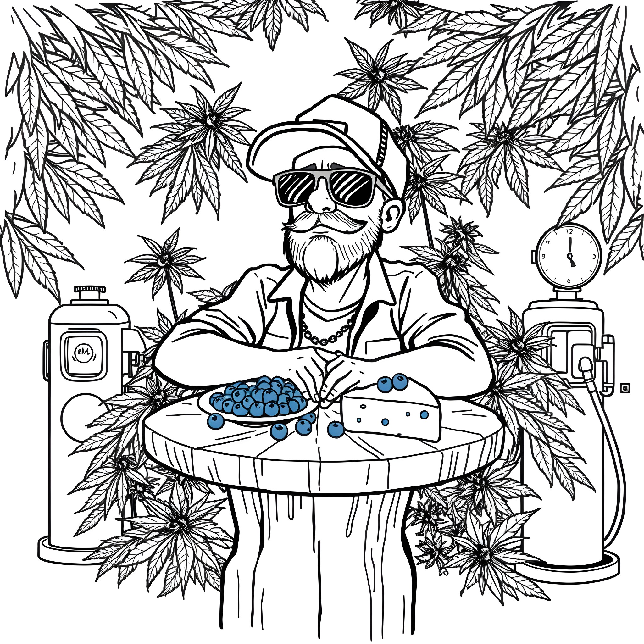 Shmoo with a beard in a cannabis-themed scene Coloring Page (free black-and-white line drawing printable PDF for all, from beginners to advanced learners, including children, teens, adults, and seniors)