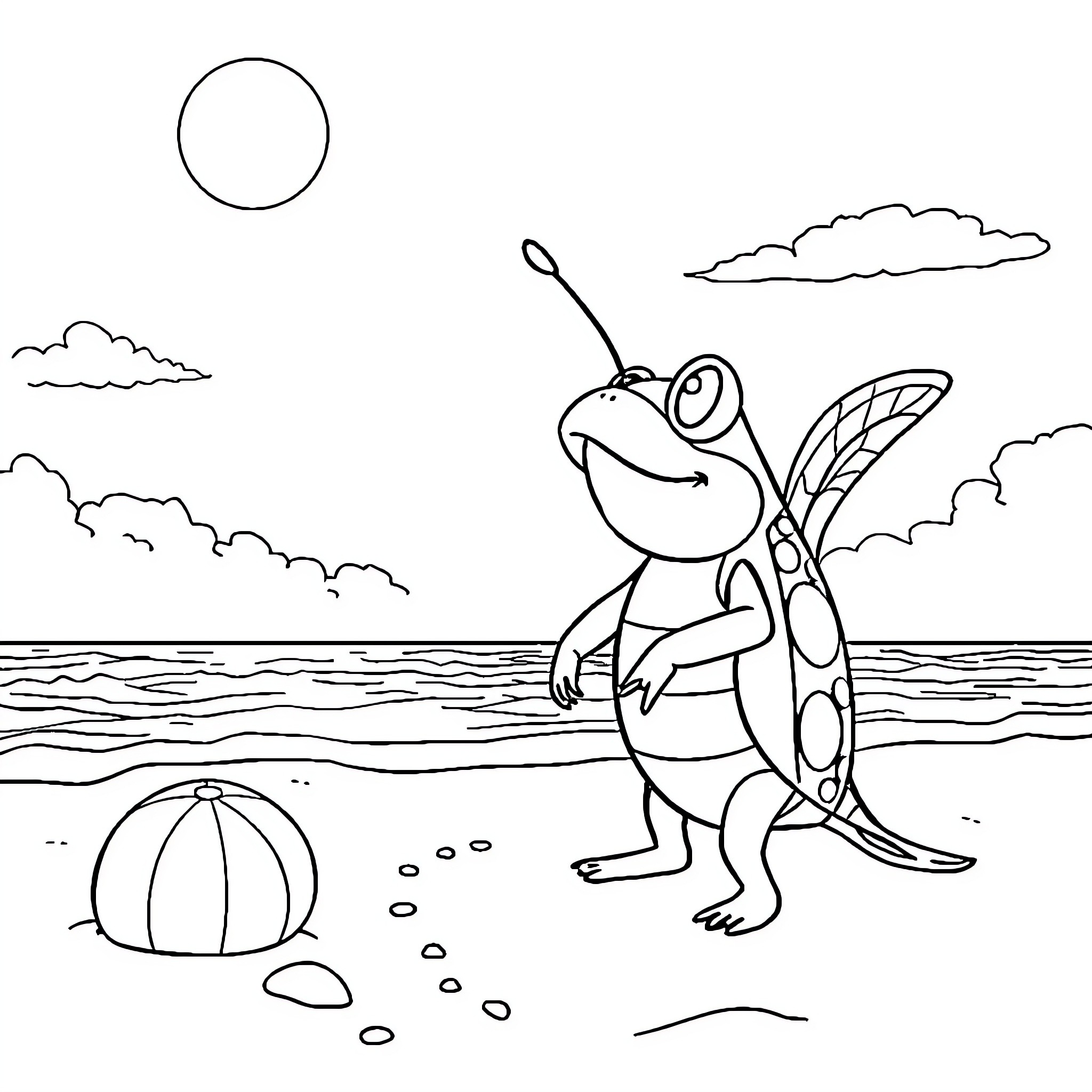 Patrol of a Cheerful Amphibian on the Beach Coloring Page (free black-and-white line drawing printable PDF for all, from beginners to advanced learners, including children, teens, adults, and seniors)