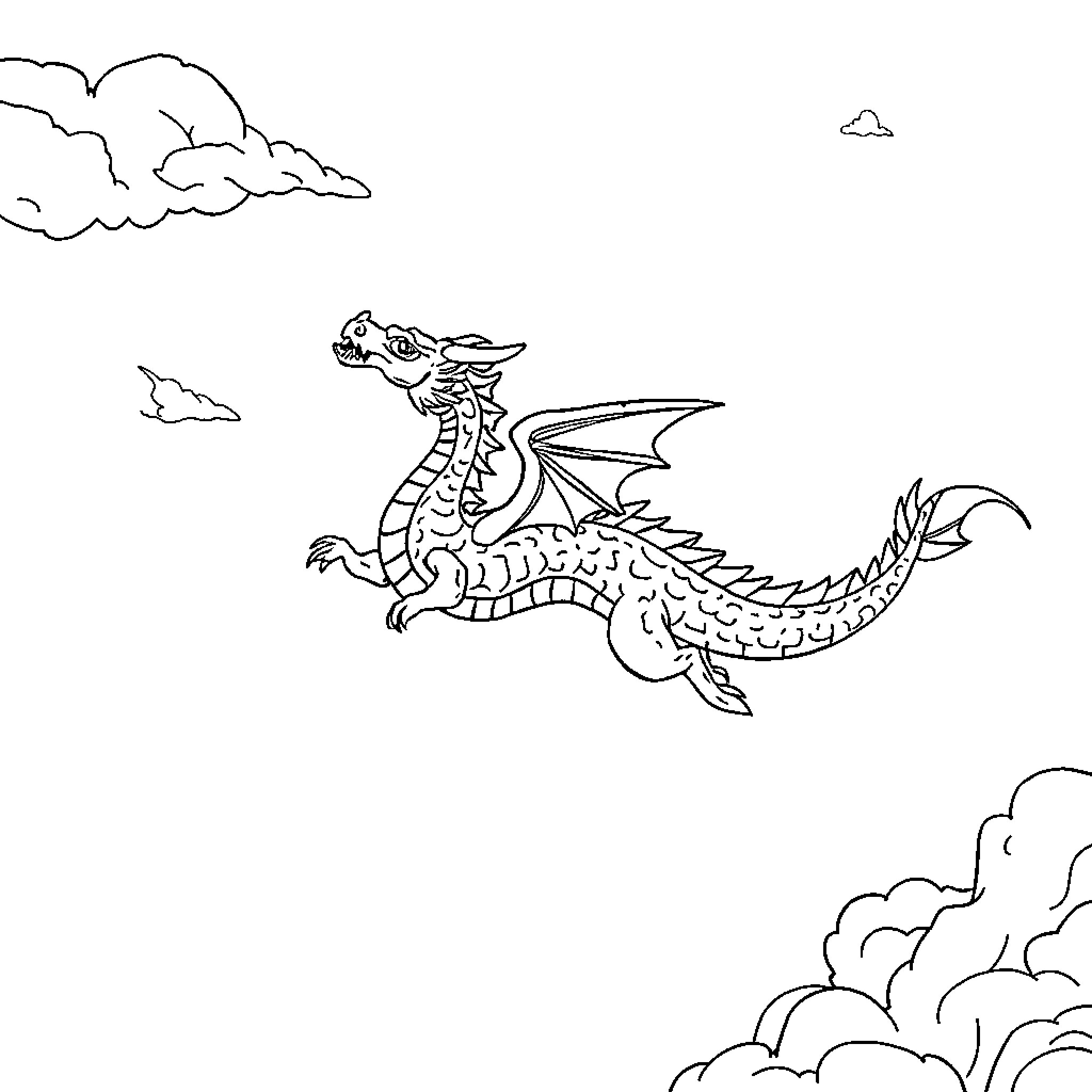 Dragon soaring through the cloudy sky Coloring Page (free black-and-white line drawing printable PDF for all, from beginners to advanced learners, including children, teens, adults, and seniors)
