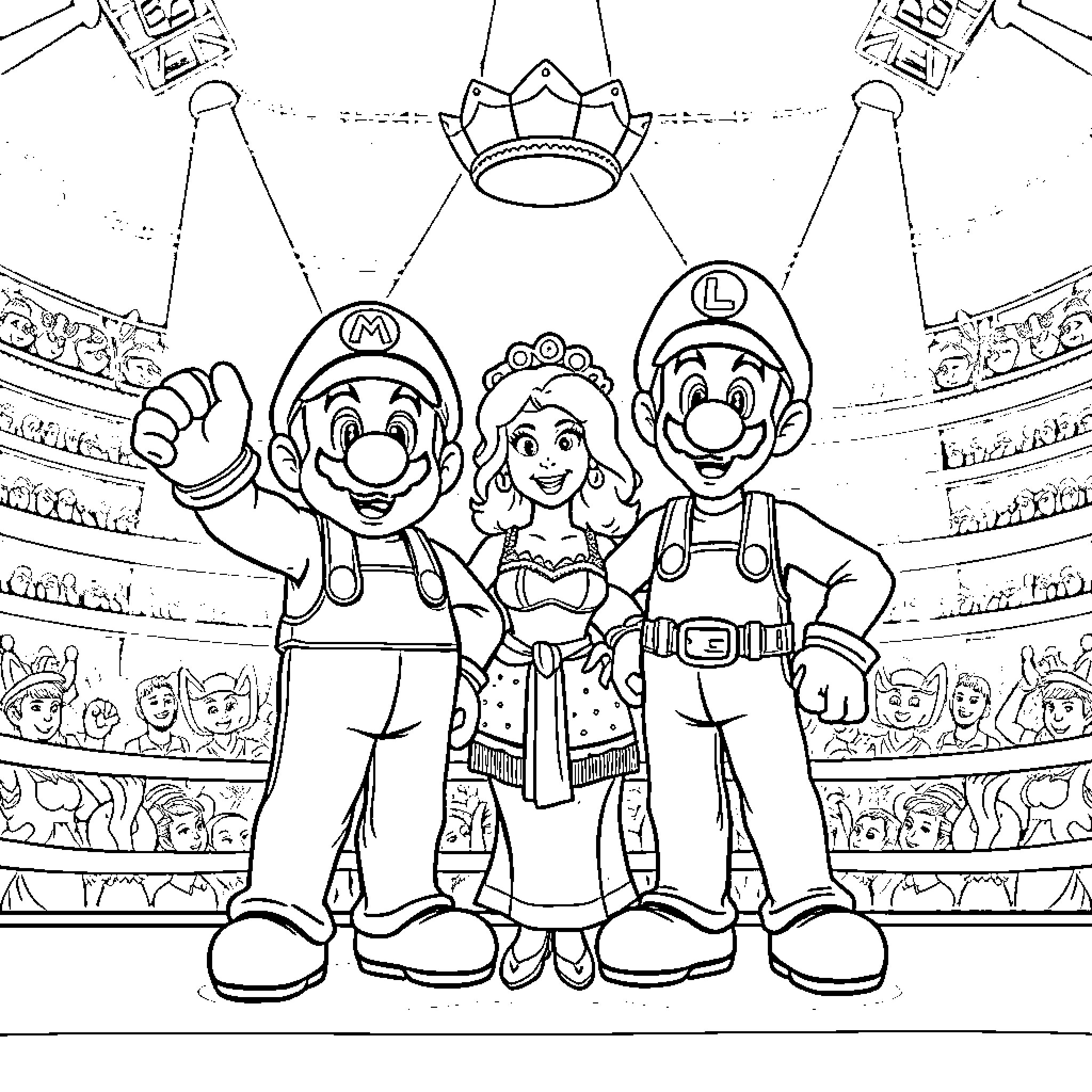 Mario, Princess, and Luigi in a Theatrical Setting Coloring Page (free black-and-white line drawing printable PDF for all, from beginners to advanced learners, including children, teens, adults, and seniors)