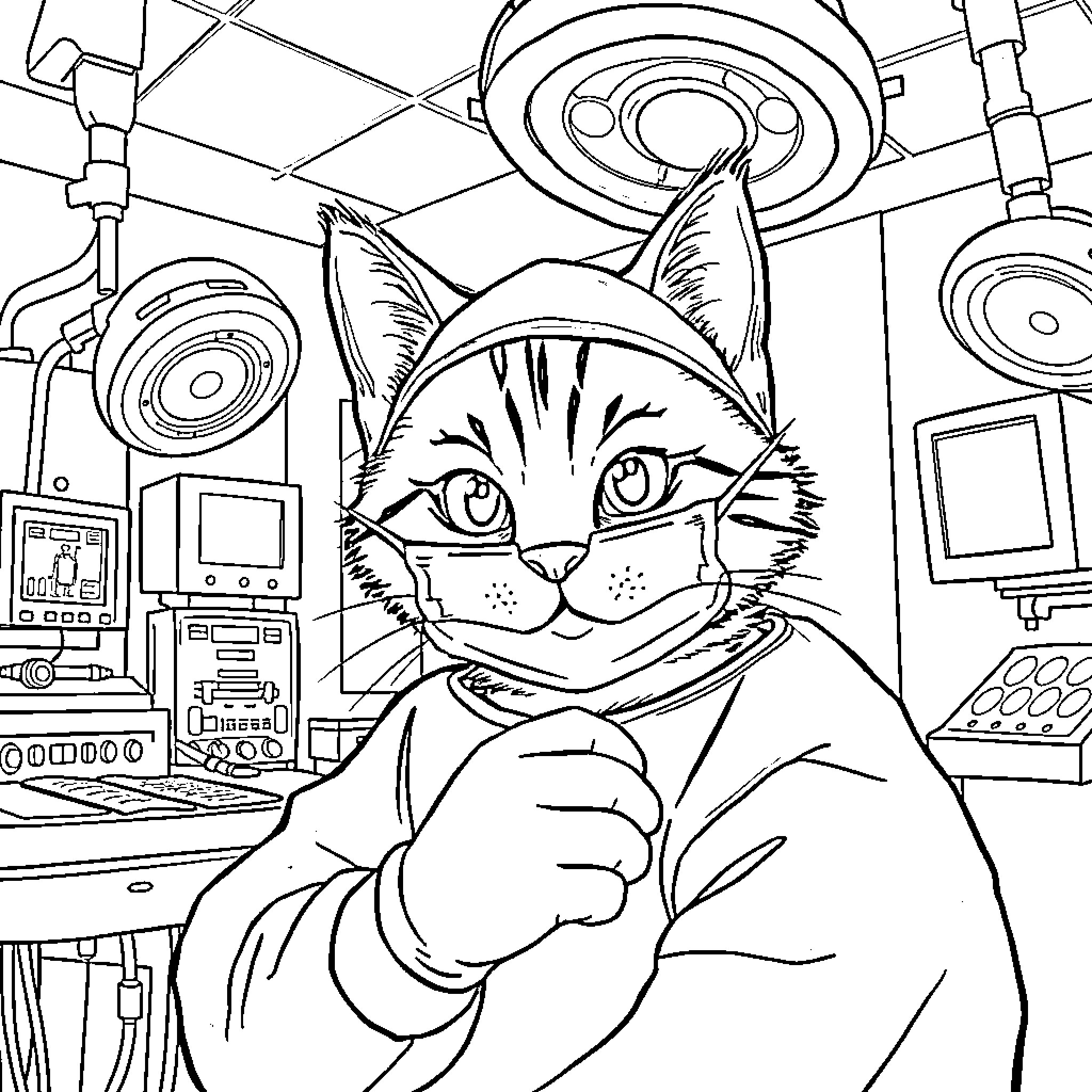 Kitty Exploring a High-Tech Laboratory Coloring Page (free black-and-white line drawing printable PDF for all, from beginners to advanced learners, including children, teens, adults, and seniors)