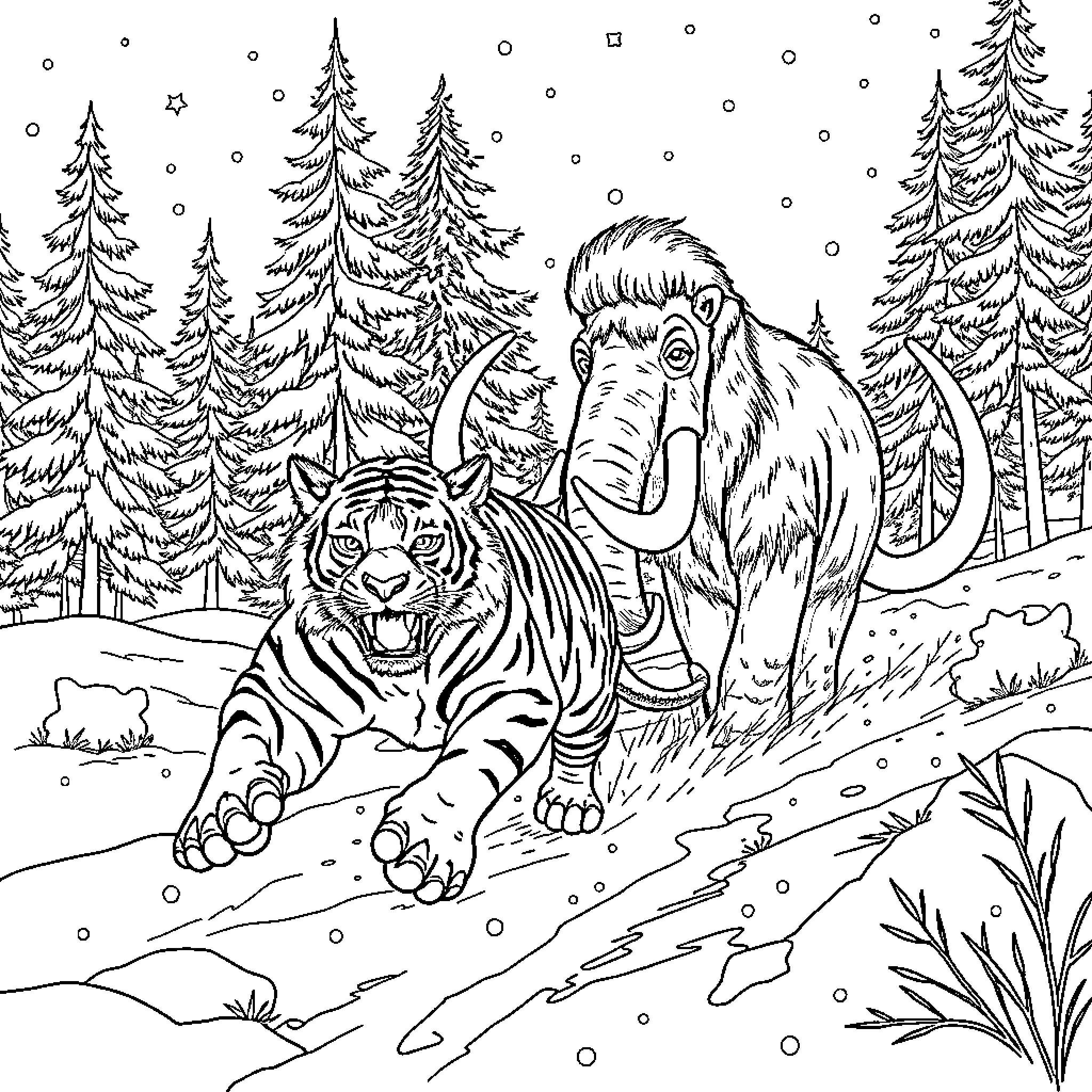 Sabertooth tiger and mammoth in snowy forest Coloring Page (free black-and-white line drawing printable PDF for all, from beginners to advanced learners, including children, teens, adults, and seniors)