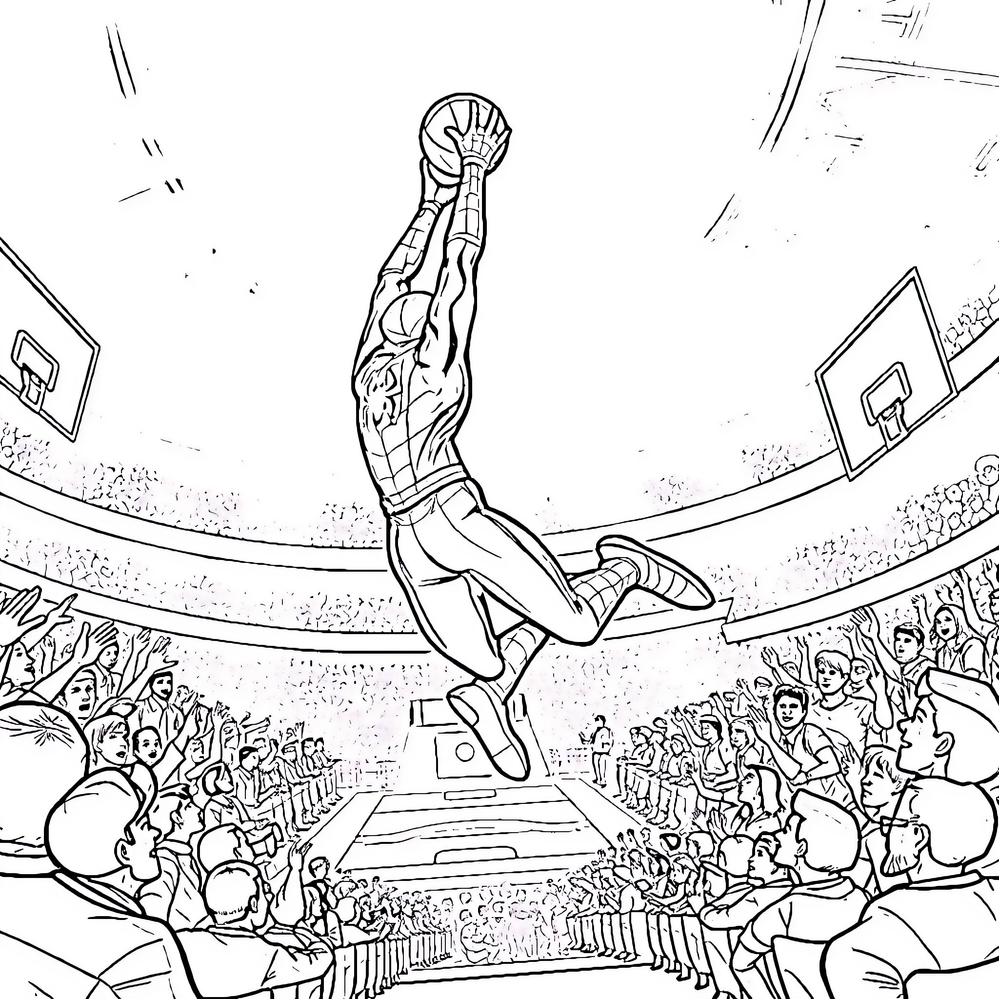 Spider-Man performing acrobatic stunt in basketball stadium Coloring Page (free black-and-white line drawing printable PDF for all, from beginners to advanced learners, including children, teens, adults, and seniors)