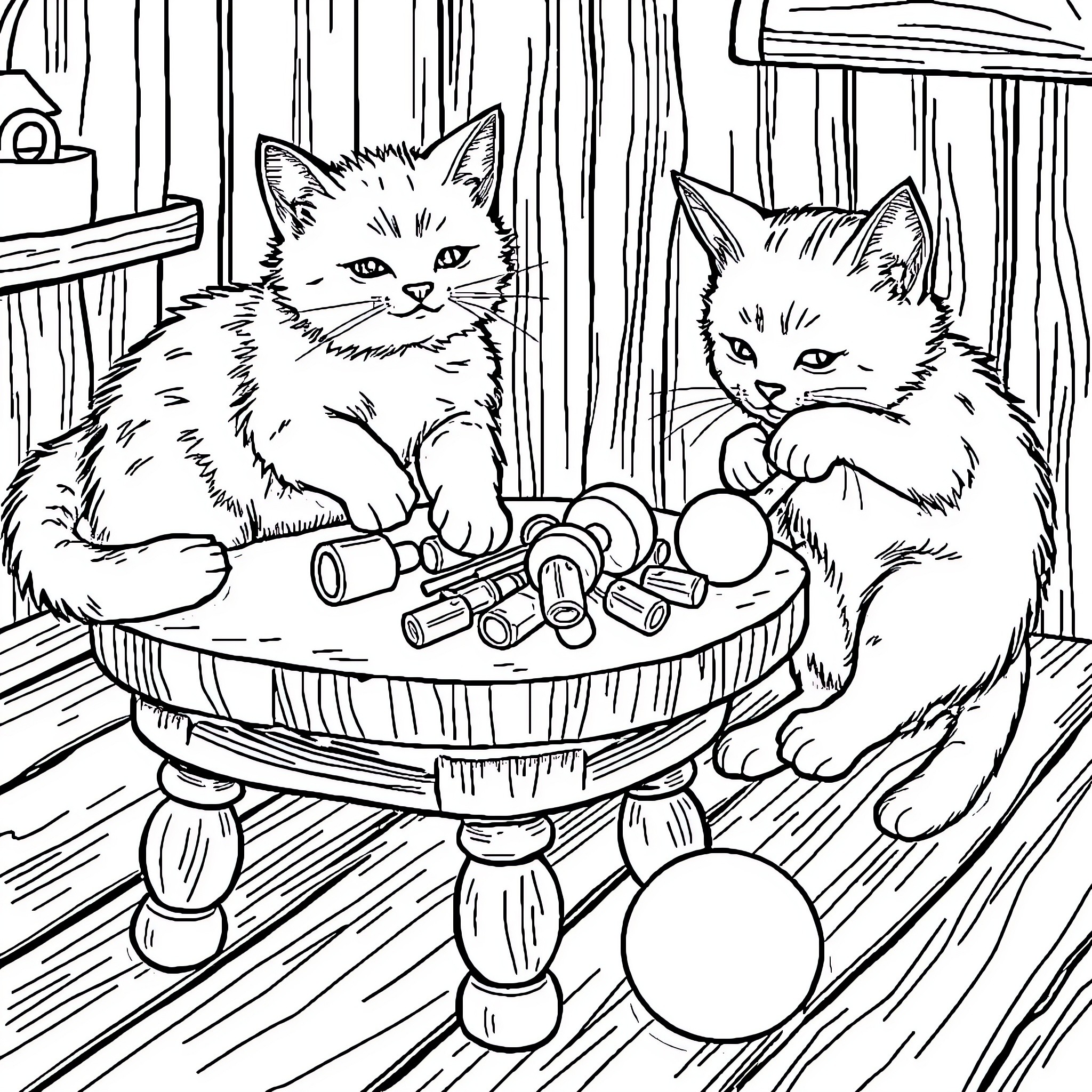 Cat Kittens Explore Household Items in Rustic Setting Coloring Page (free black-and-white line drawing printable PDF for all, from beginners to advanced learners, including children, teens, adults, and seniors)