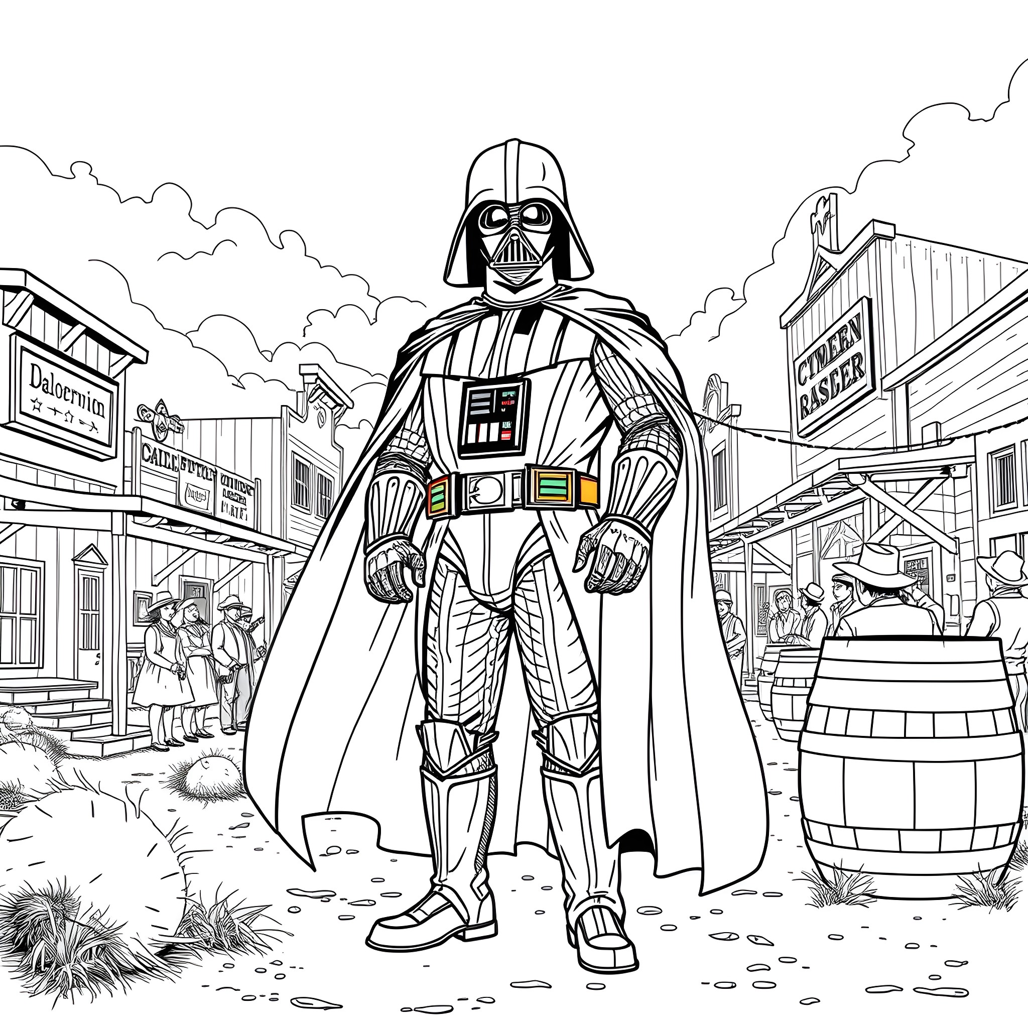 Darth Vader commands the streets of the imperial garrison Coloring Page (free black-and-white line drawing printable PDF for all, from beginners to advanced learners, including children, teens, adults, and seniors)