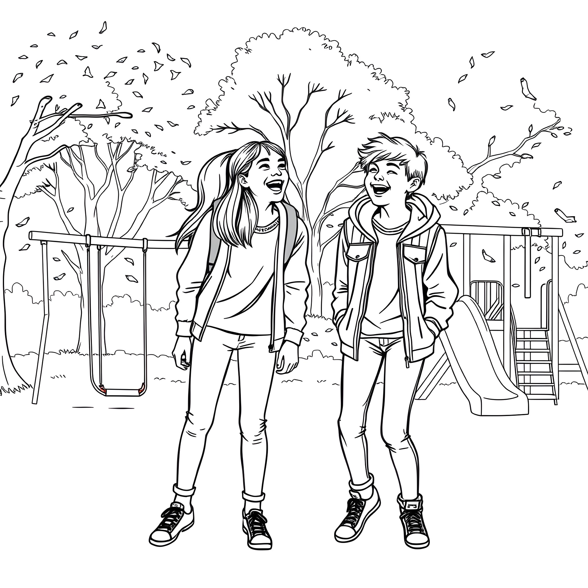 Teenagers enjoying outdoor recreational activities Coloring Page (free black-and-white line drawing printable PDF for all, from beginners to advanced learners, including children, teens, adults, and seniors)