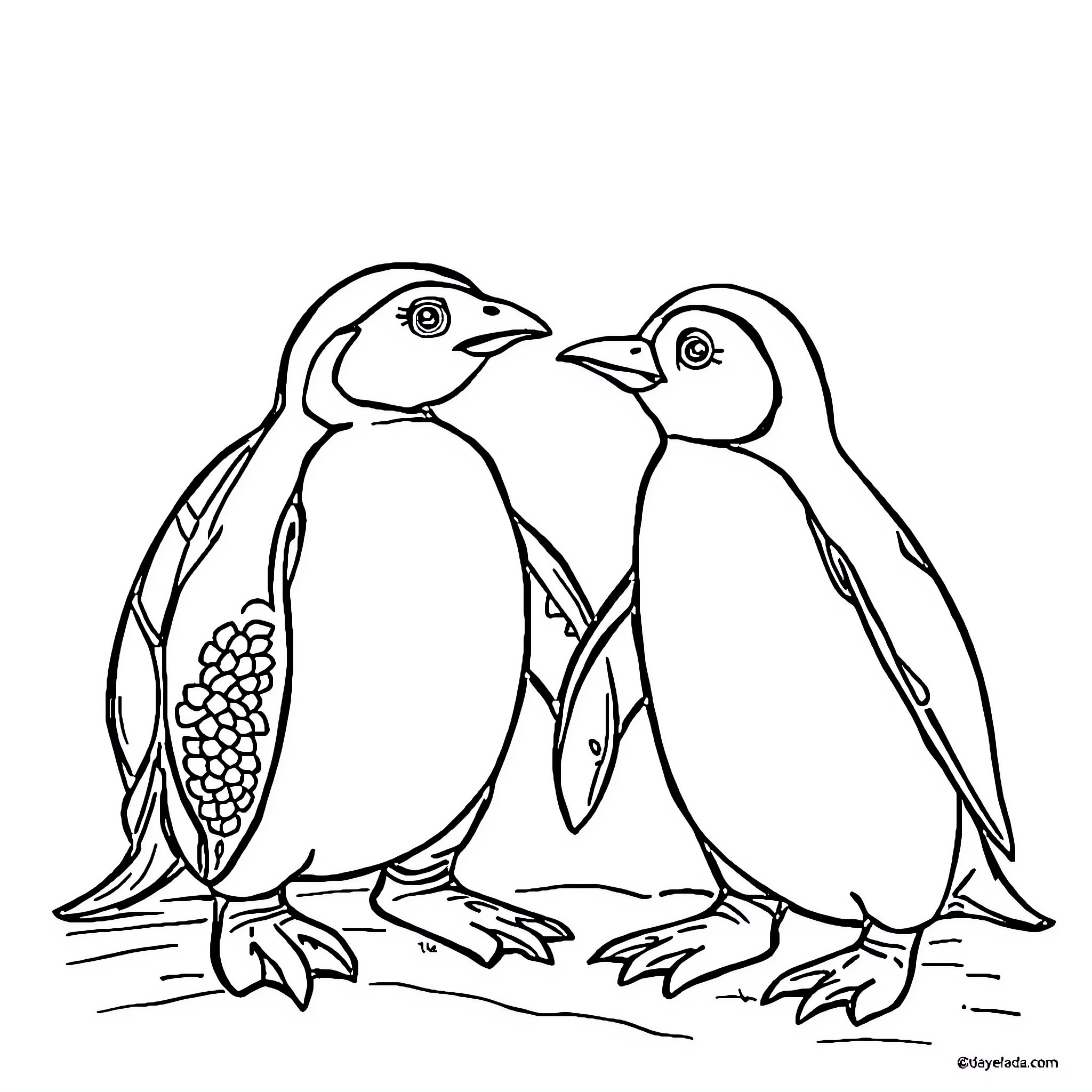 Turtle-shaped penguins in a simple line art scene Coloring Page (free black-and-white line drawing printable PDF for all, from beginners to advanced learners, including children, teens, adults, and seniors)