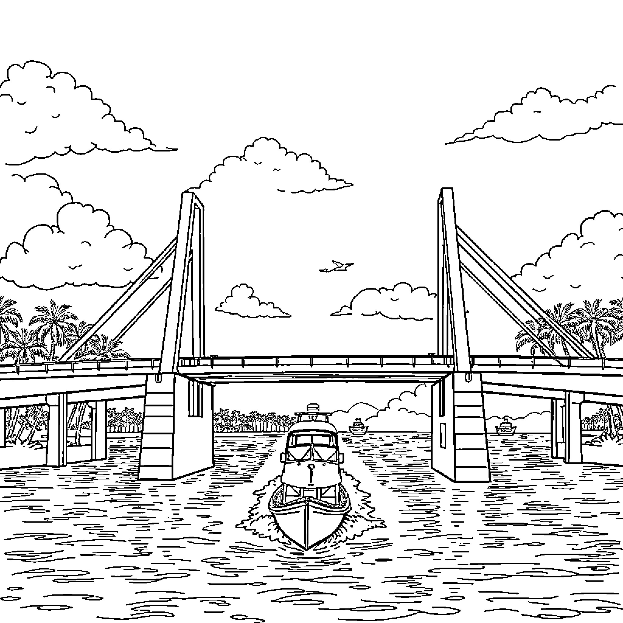 Drawbridge over a tropical waterway Coloring Page (free black-and-white line drawing printable PDF for all, from beginners to advanced learners, including children, teens, adults, and seniors)