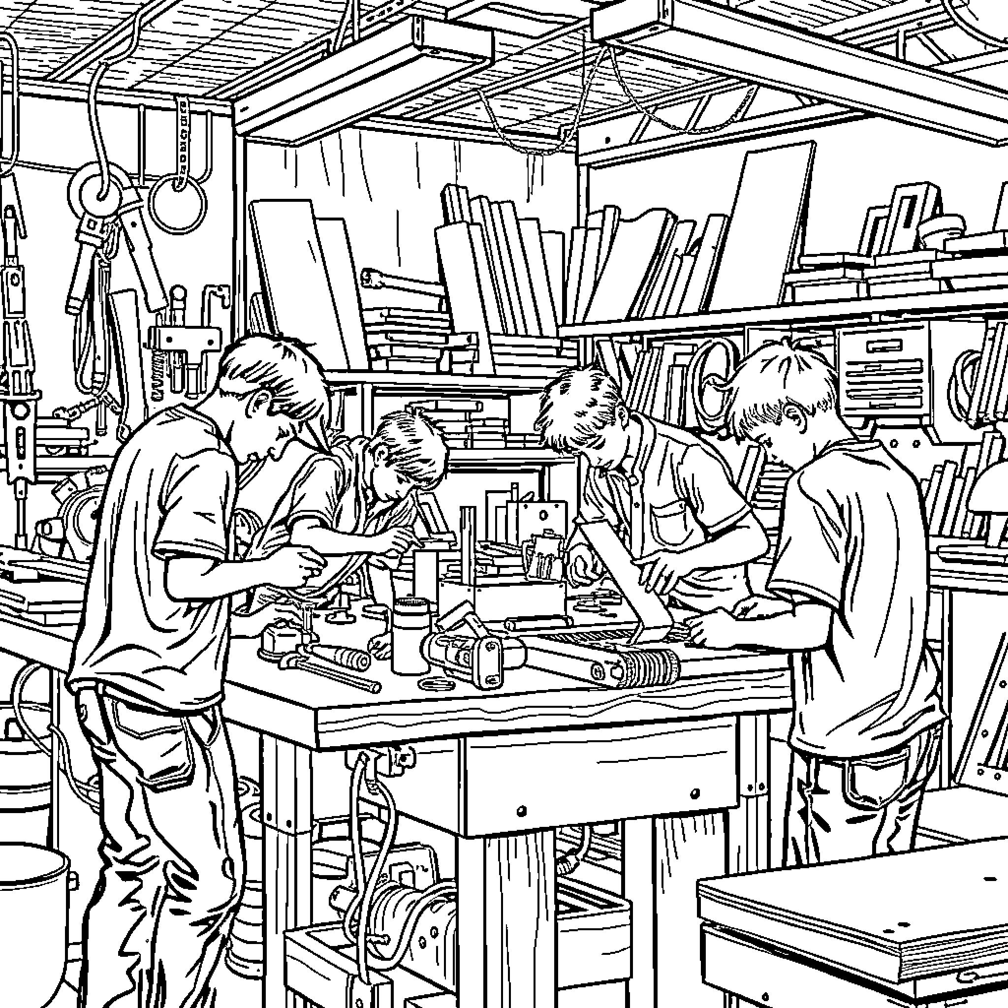Students Collaborating in Woodworking Workshop Coloring Page (free black-and-white line drawing printable PDF for all, from beginners to advanced learners, including children, teens, adults, and seniors)