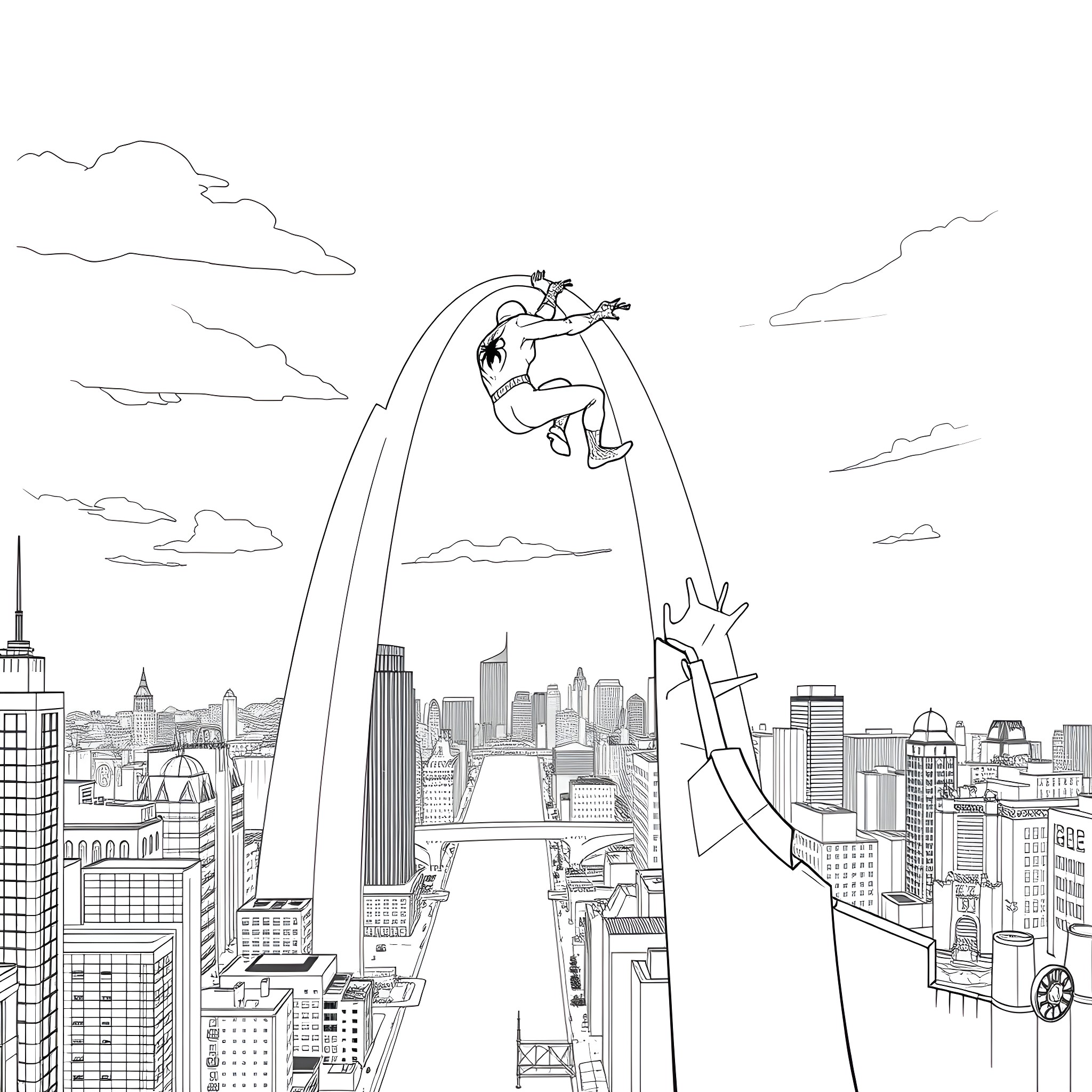 Spiderman swinging through the city skyline Coloring Page (free black-and-white line drawing printable PDF for all, from beginners to advanced learners, including children, teens, adults, and seniors)