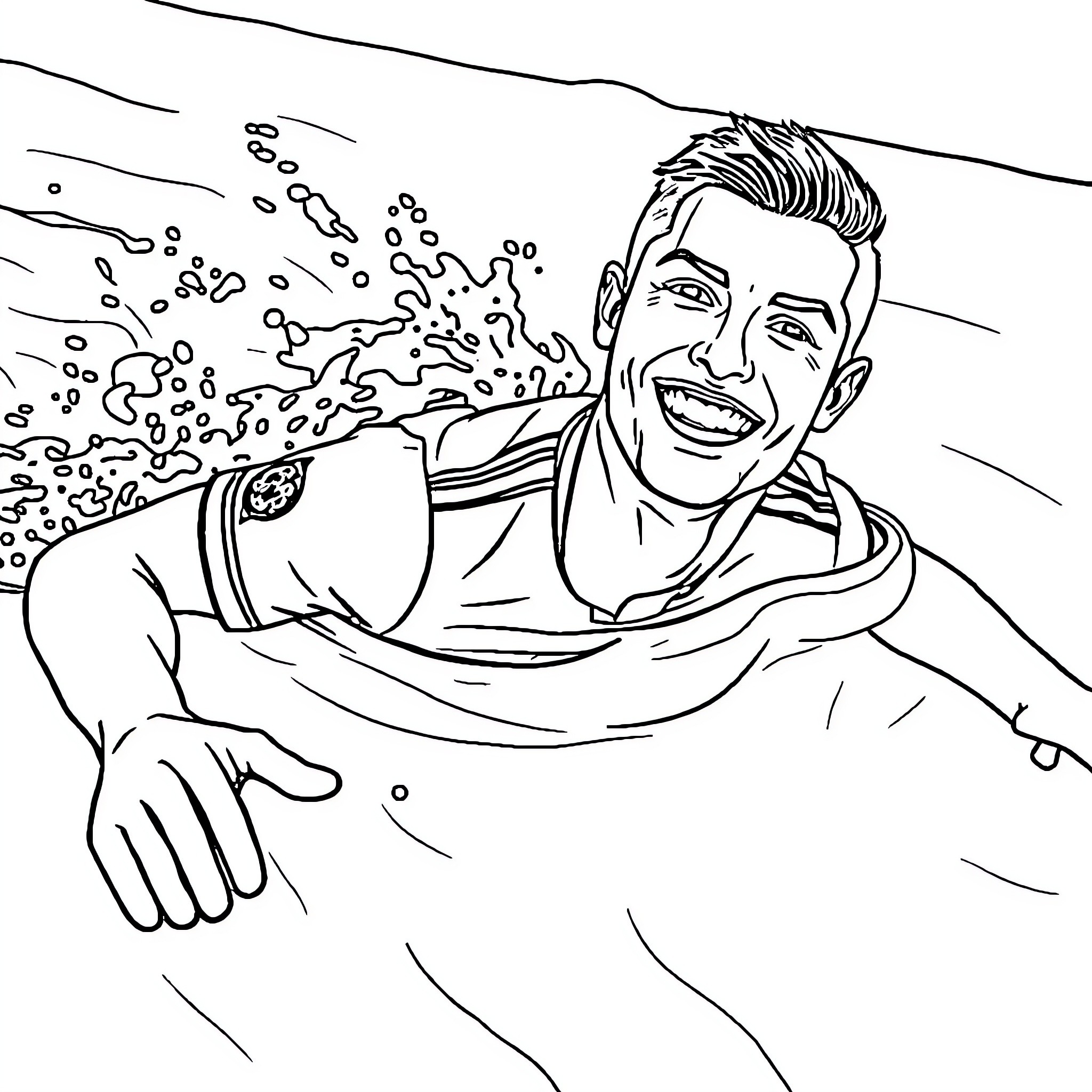 Cristiano Ronaldo enjoying water activities Coloring Page (free black-and-white line drawing printable PDF for all, from beginners to advanced learners, including children, teens, adults, and seniors)
