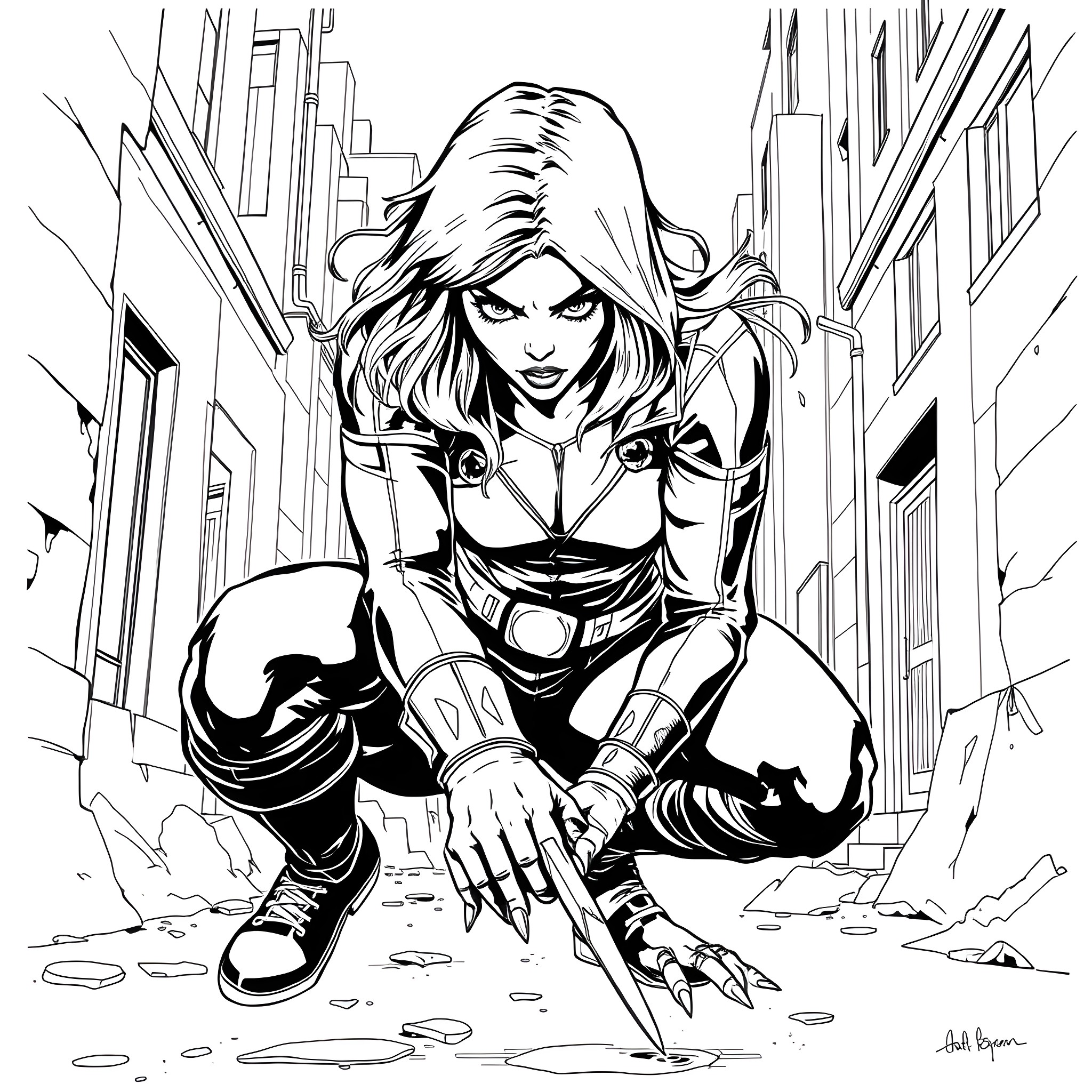 Black Widow in action on the city streets Coloring Page (free black-and-white line drawing printable PDF for all, from beginners to advanced learners, including children, teens, adults, and seniors)