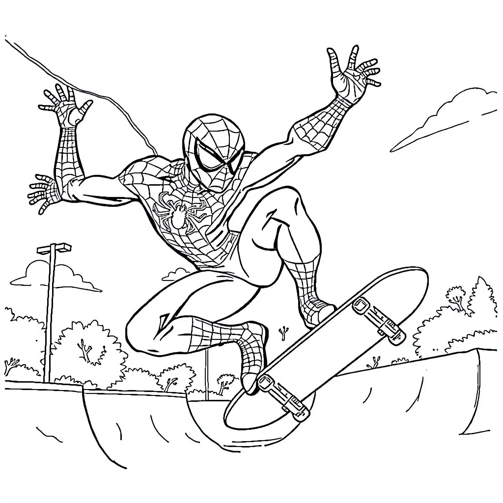 Spiderman performing thrilling stunts on a skateboard Coloring Page (free black-and-white line drawing printable PDF for all, from beginners to advanced learners, including children, teens, adults, and seniors)