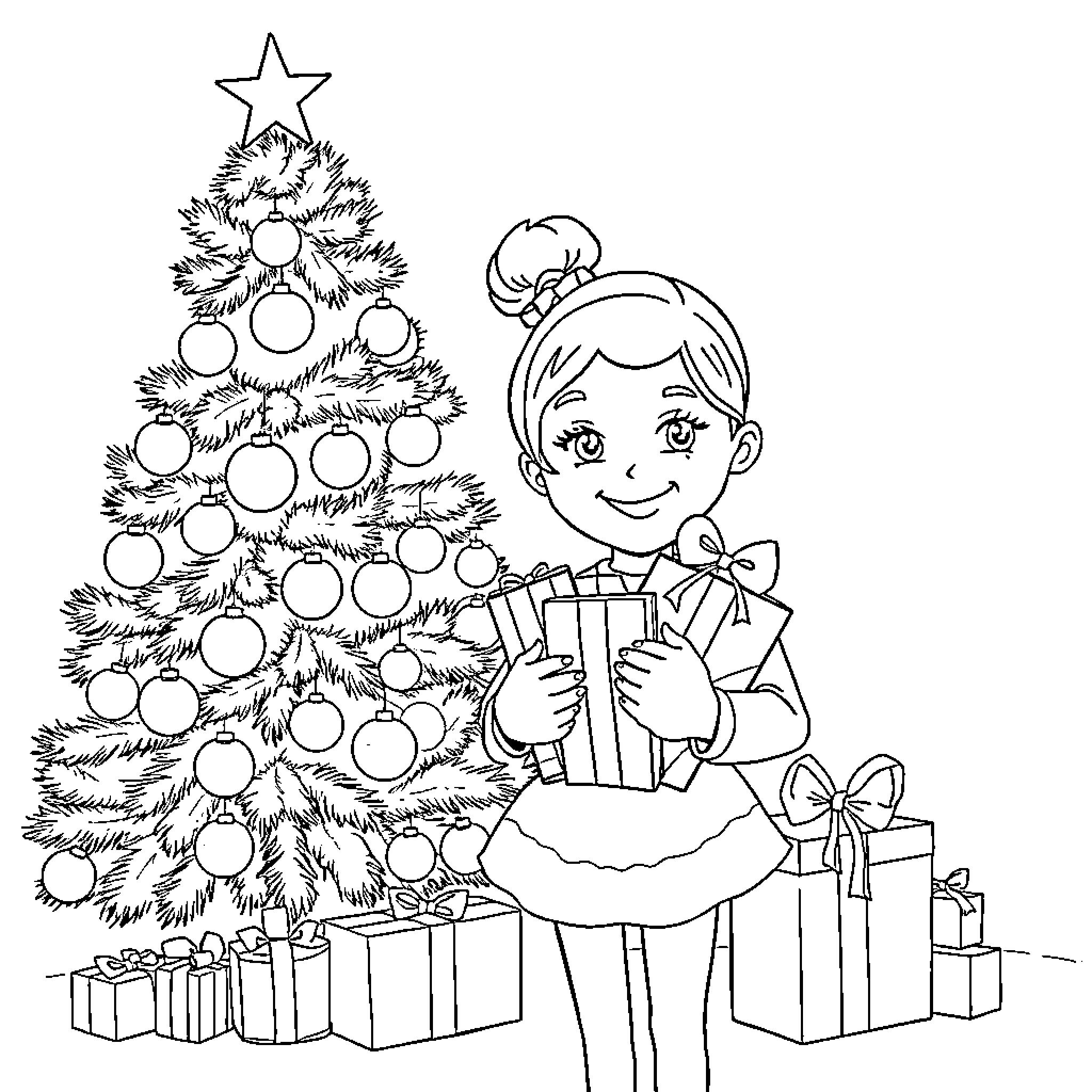 Girl decorating Christmas tree with gifts Coloring Page (free black-and-white line drawing printable PDF for all, from beginners to advanced learners, including children, teens, adults, and seniors)