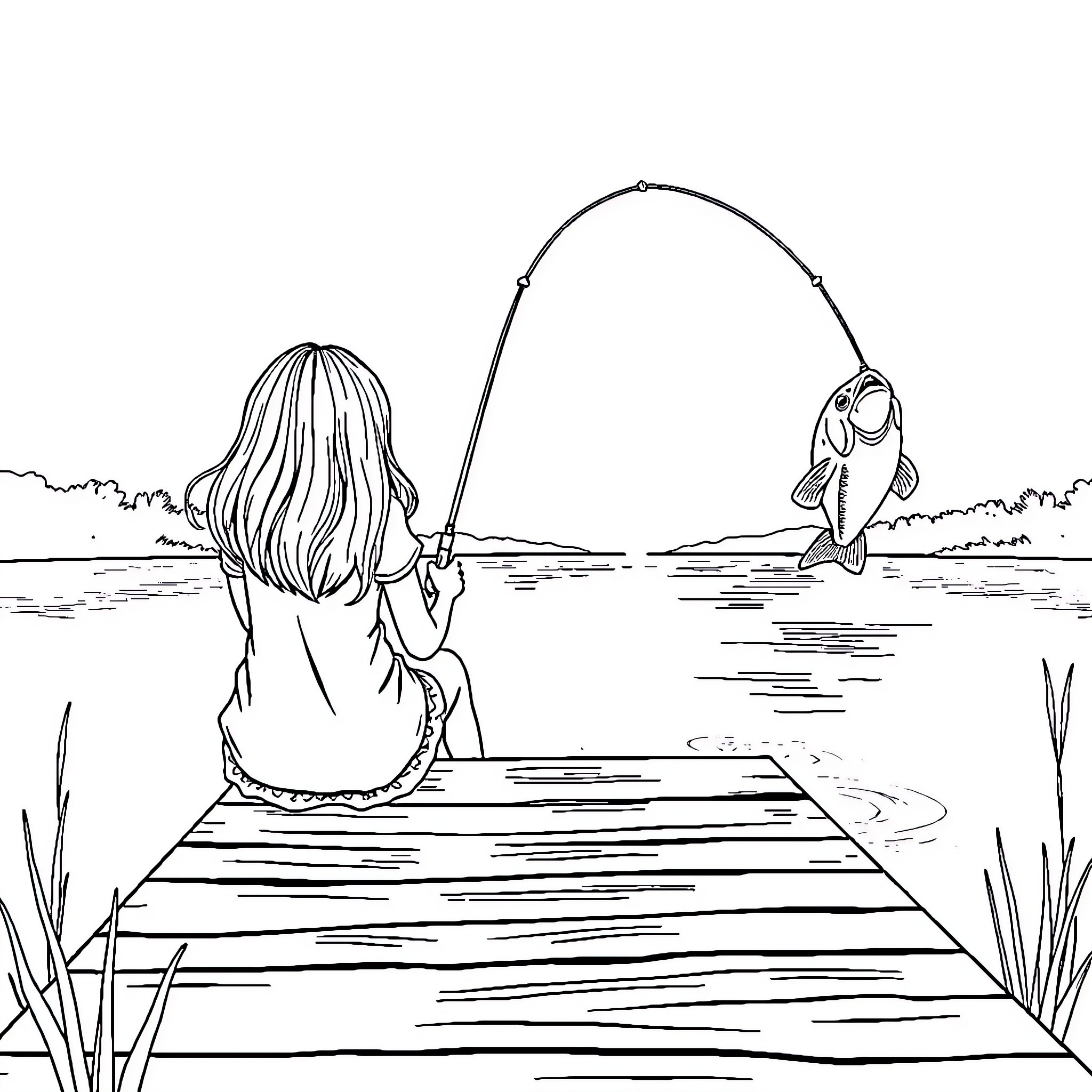 Sister fishing happily by the lake Coloring Page (free black-and-white line drawing printable PDF for all, from beginners to advanced learners, including children, teens, adults, and seniors)