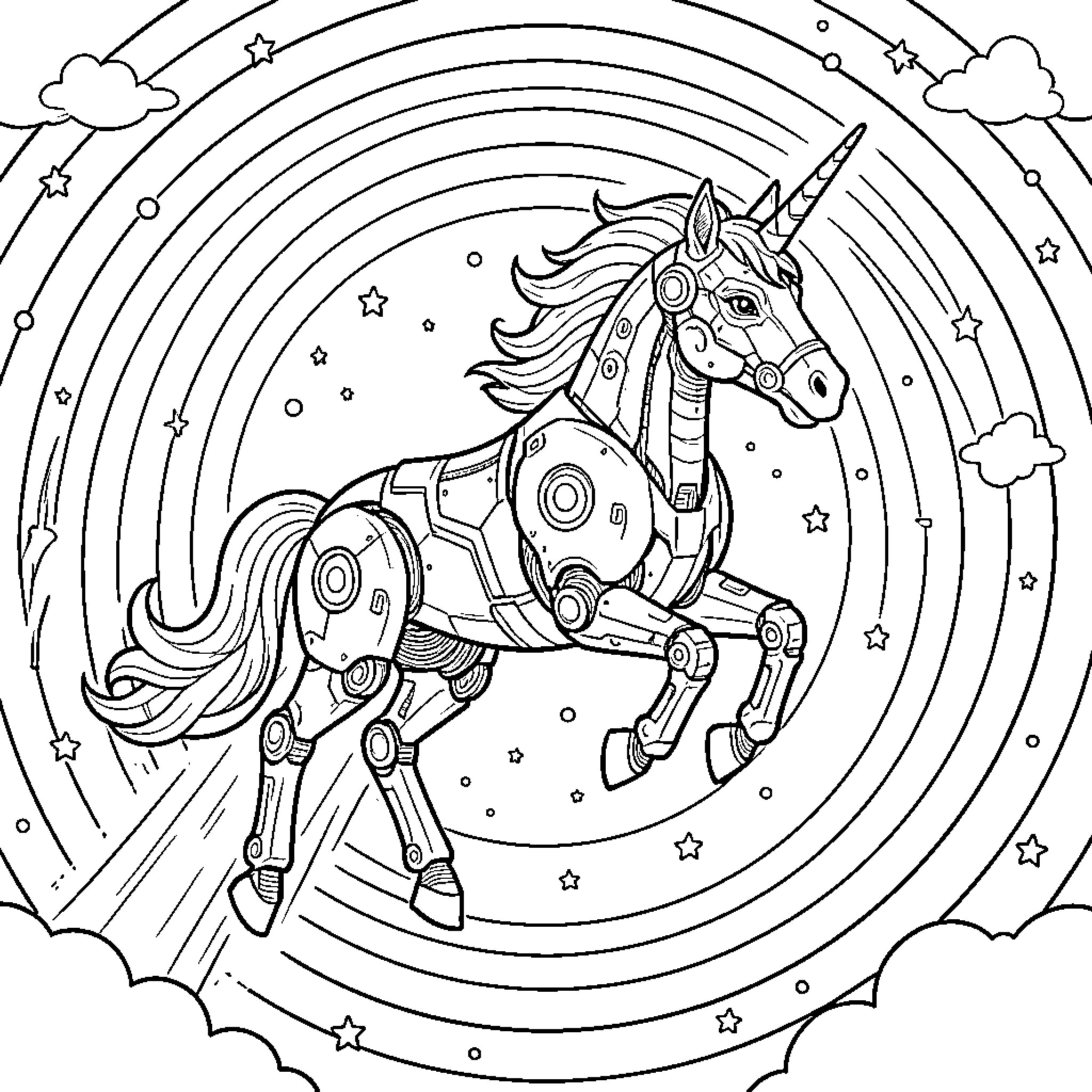 Unicorn running through a starry night sky Coloring Page (free black-and-white line drawing printable PDF for all, from beginners to advanced learners, including children, teens, adults, and seniors)