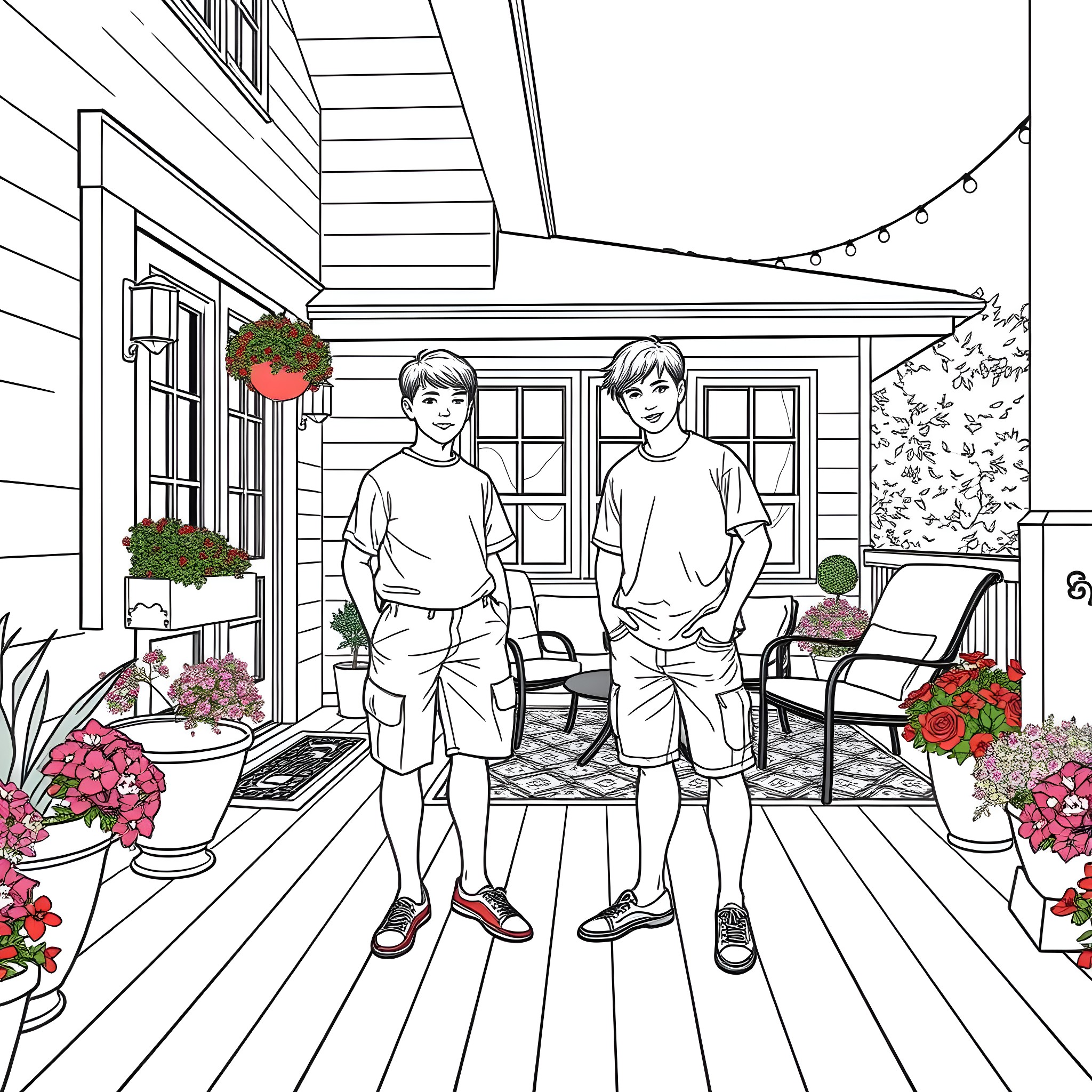 Teen Guys Relaxing on a Porch with Flowers Coloring Page (free black-and-white line drawing printable PDF for all, from beginners to advanced learners, including children, teens, adults, and seniors)