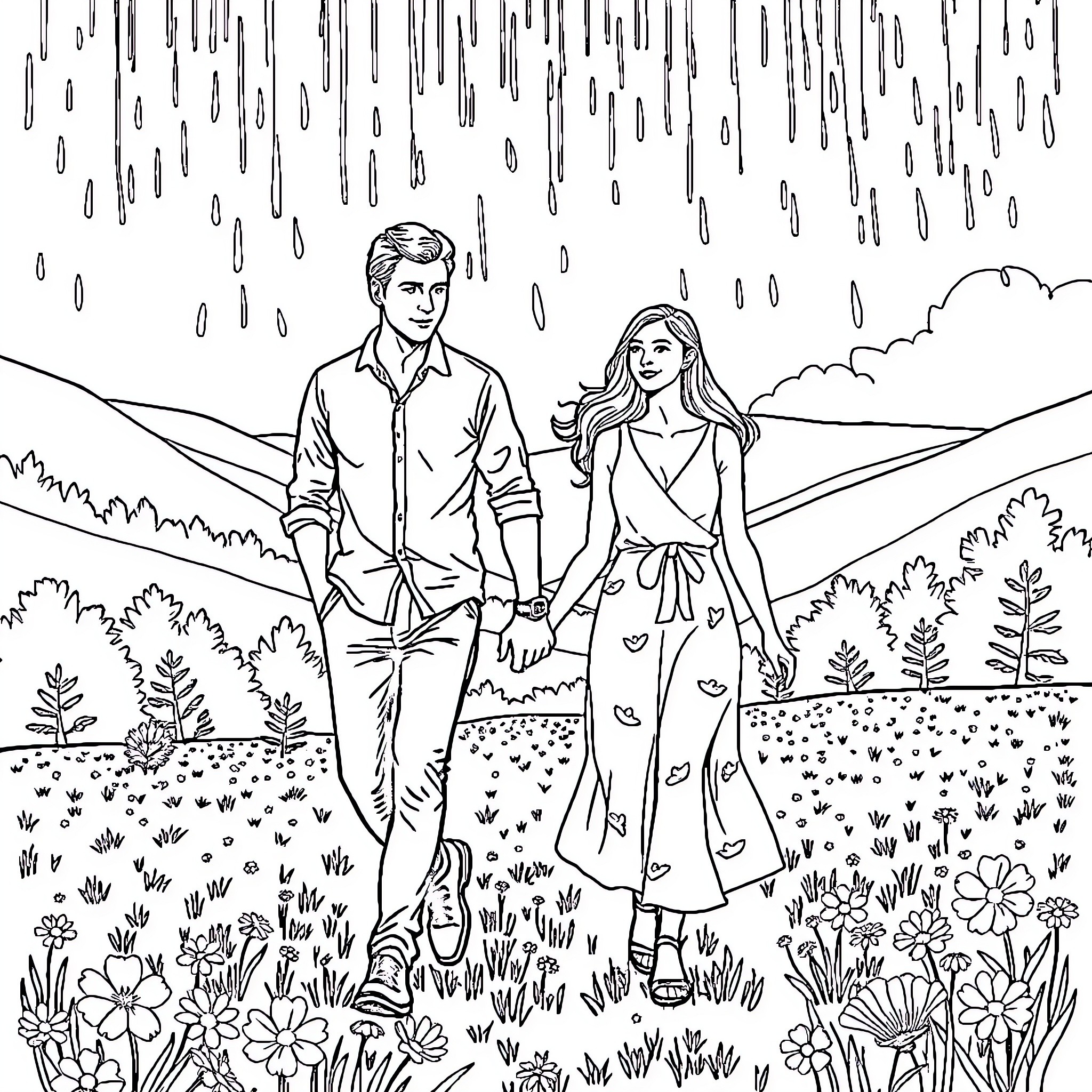 Man and Woman walking together in a scenic nature landscape Coloring Page (free black-and-white line drawing printable PDF for all, from beginners to advanced learners, including children, teens, adults, and seniors)