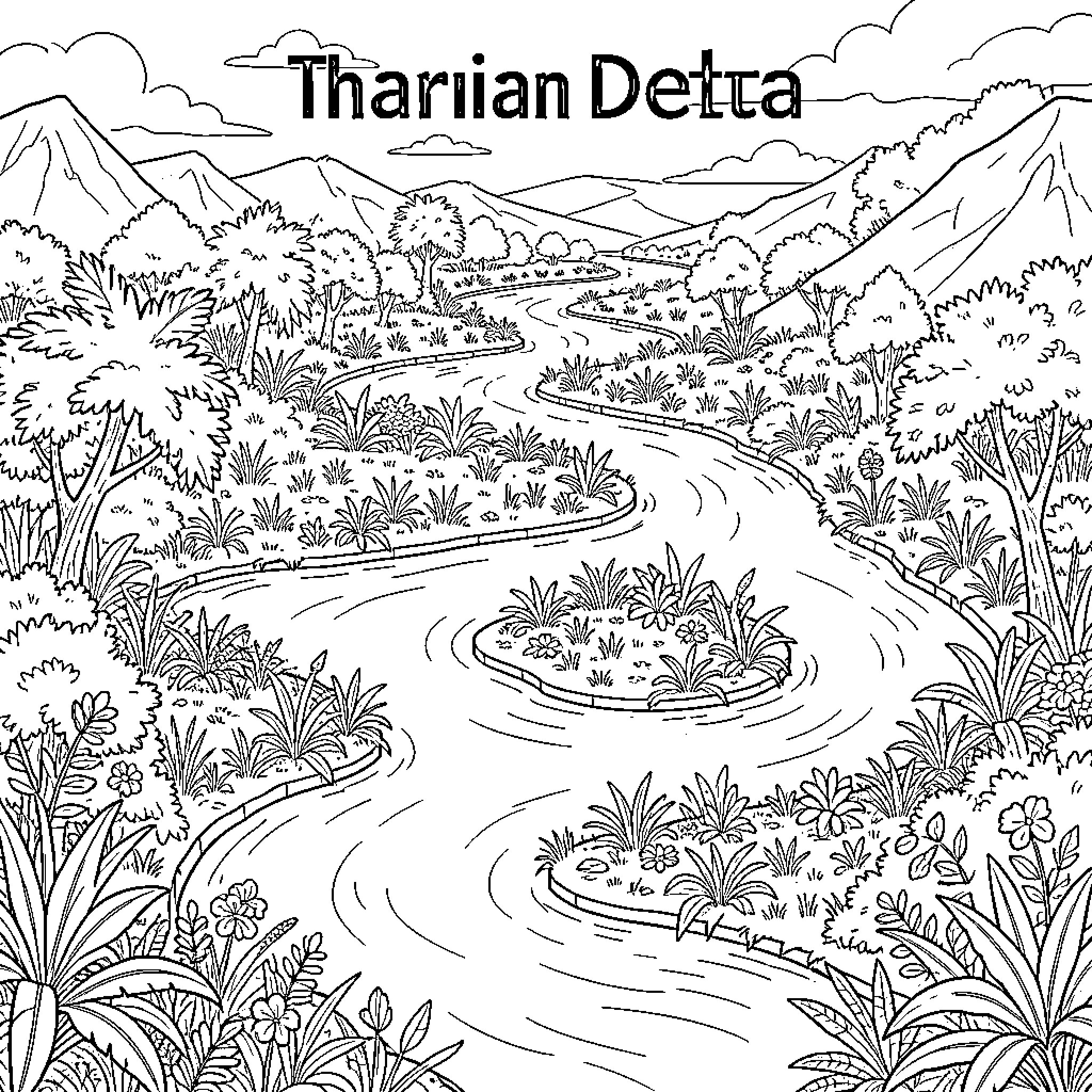 Tharian Delta featuring a winding river through lush vegetation Coloring Page (free black-and-white line drawing printable PDF for all, from beginners to advanced learners, including children, teens, adults, and seniors)