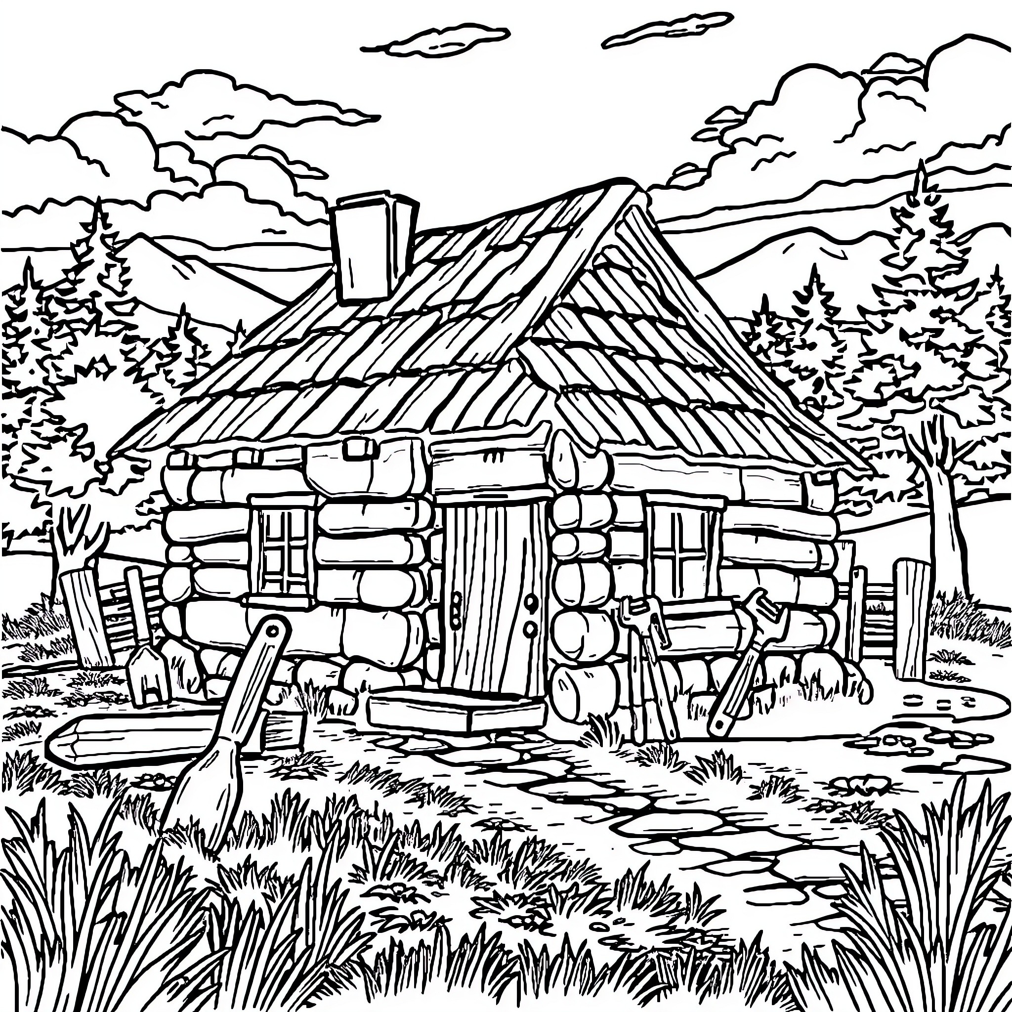 Casa of Rustic Cabin in Serene Wilderness Coloring Page (free black-and-white line drawing printable PDF for all, from beginners to advanced learners, including children, teens, adults, and seniors)