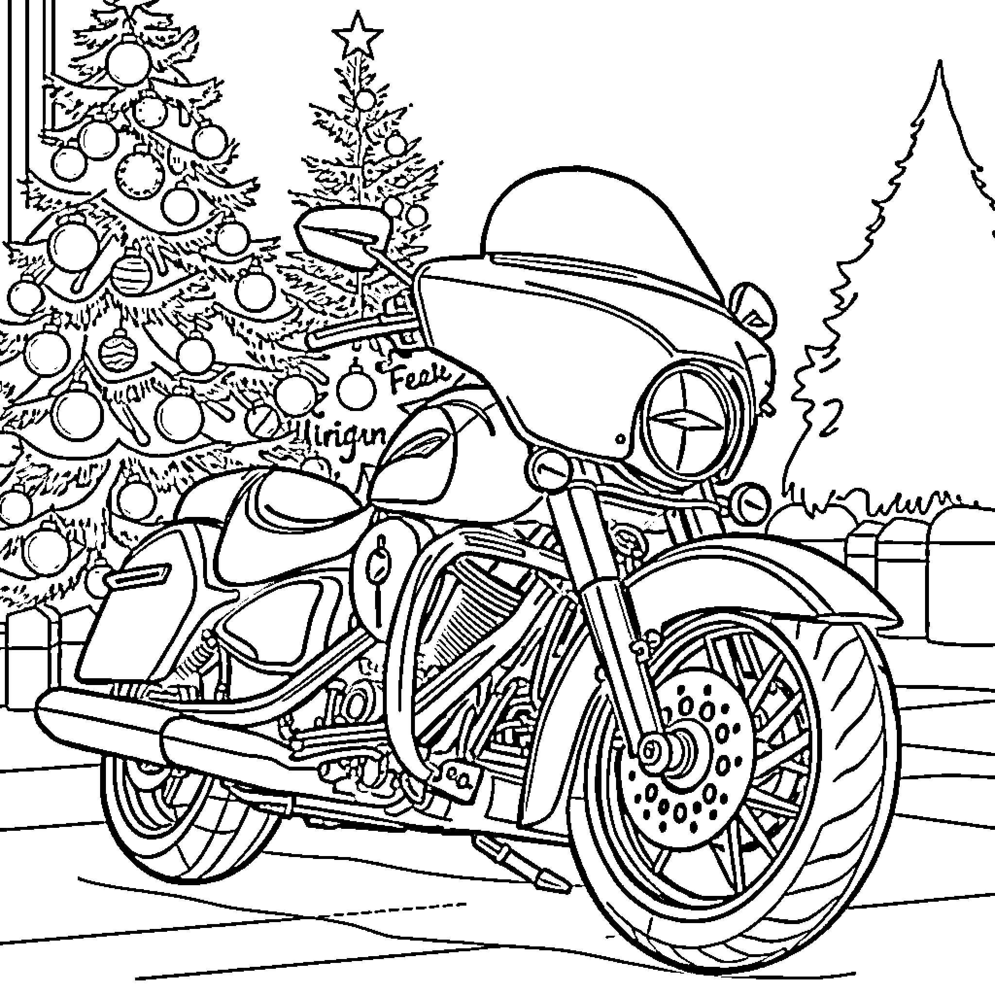 Motorcycle Parked Near Christmas Tree Coloring Page (free black-and-white line drawing printable PDF for all, from beginners to advanced learners, including children, teens, adults, and seniors)