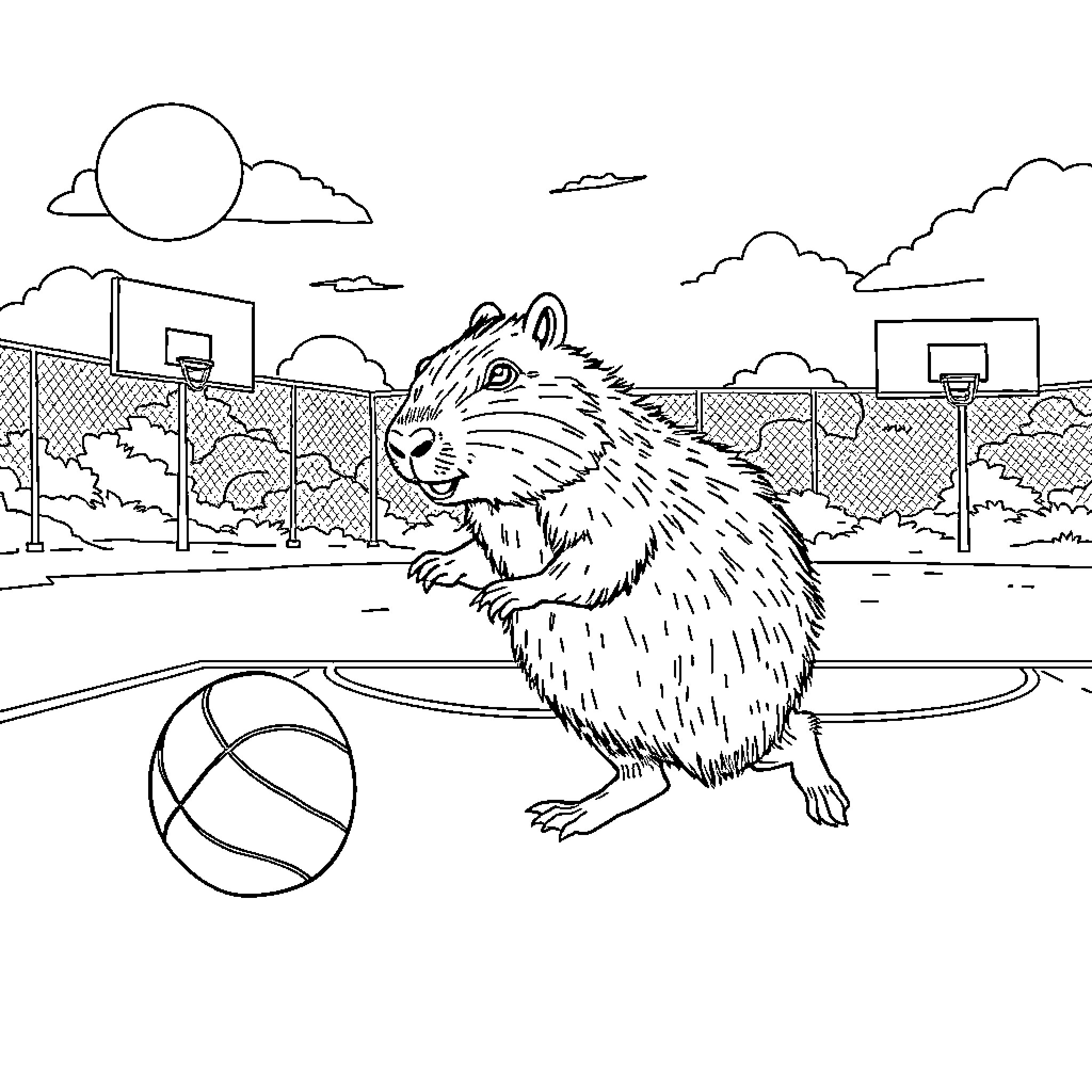 Capybara playing basketball in the park Coloring Page (free black-and-white line drawing printable PDF for all, from beginners to advanced learners, including children, teens, adults, and seniors)
