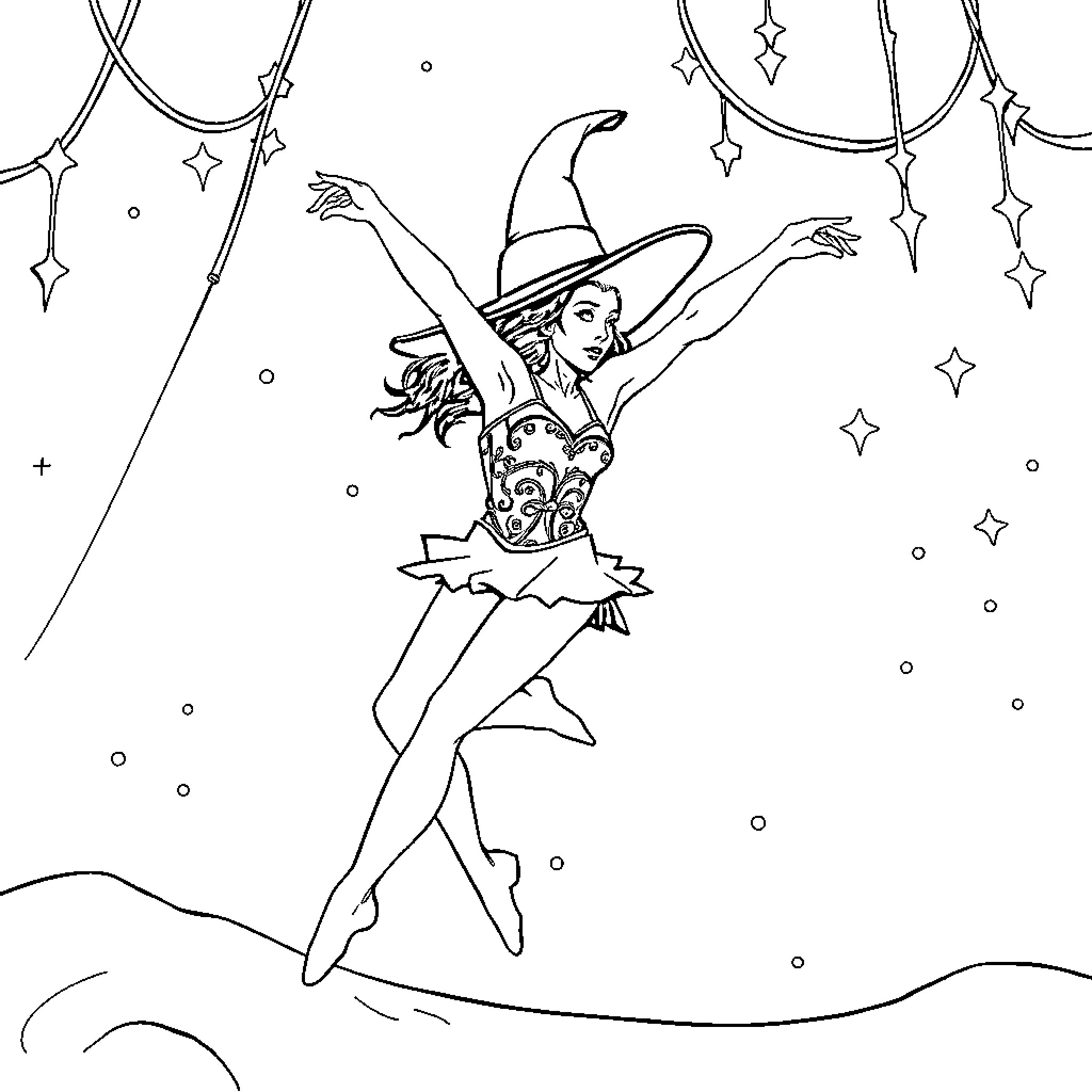 Gymnast performing magical dance in starry night Coloring Page (free black-and-white line drawing printable PDF for all, from beginners to advanced learners, including children, teens, adults, and seniors)