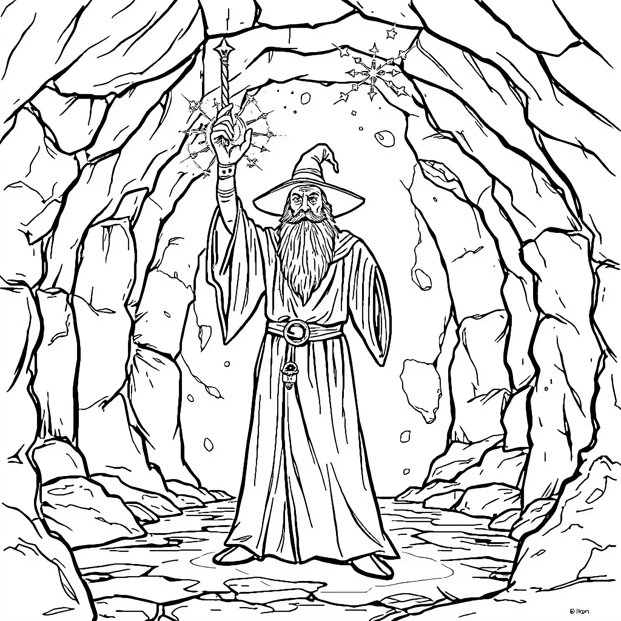 Wizard casting spells in a mysterious cave Coloring Page (free black-and-white line drawing printable PDF for all, from beginners to advanced learners, including children, teens, adults, and seniors)