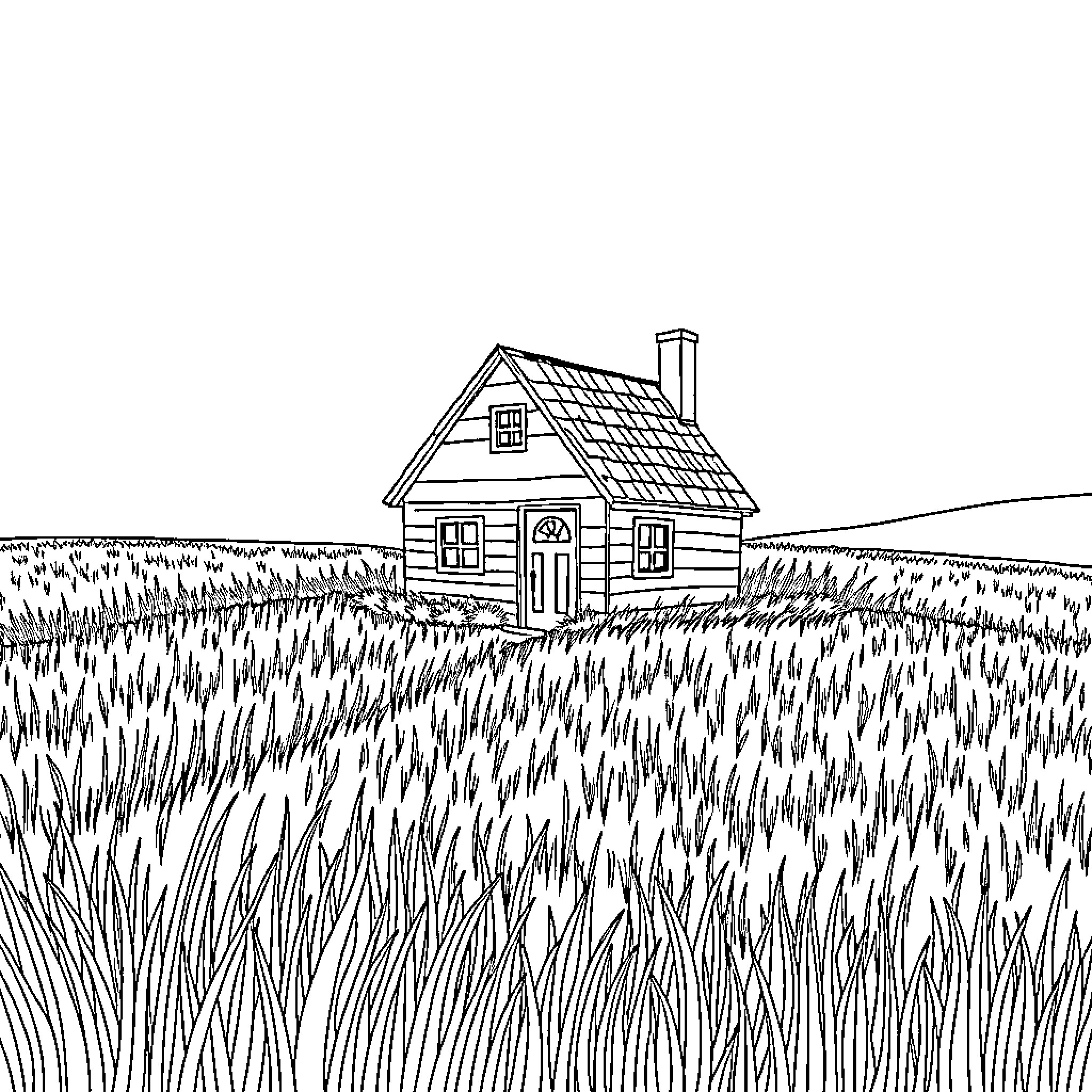 House in the Countryside Coloring Page (free black-and-white line drawing printable PDF for all, from beginners to advanced learners, including children, teens, adults, and seniors)