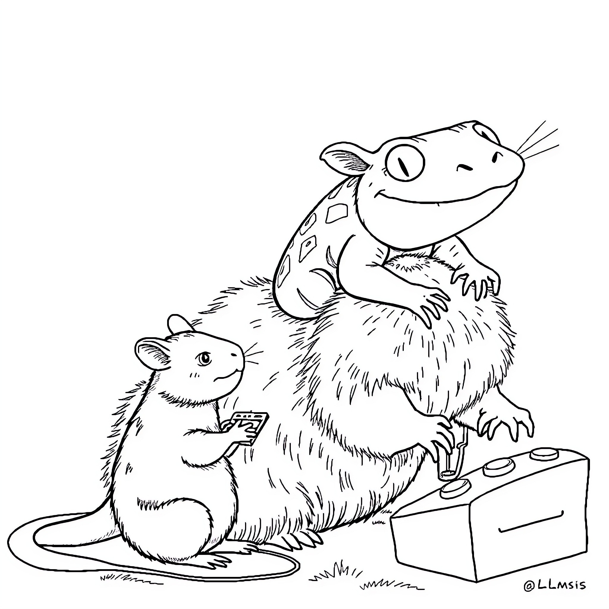 Axolotl and Hamster Playing with Video Game Console Coloring Page (free black-and-white line drawing printable PDF for all, from beginners to advanced learners, including children, teens, adults, and seniors)