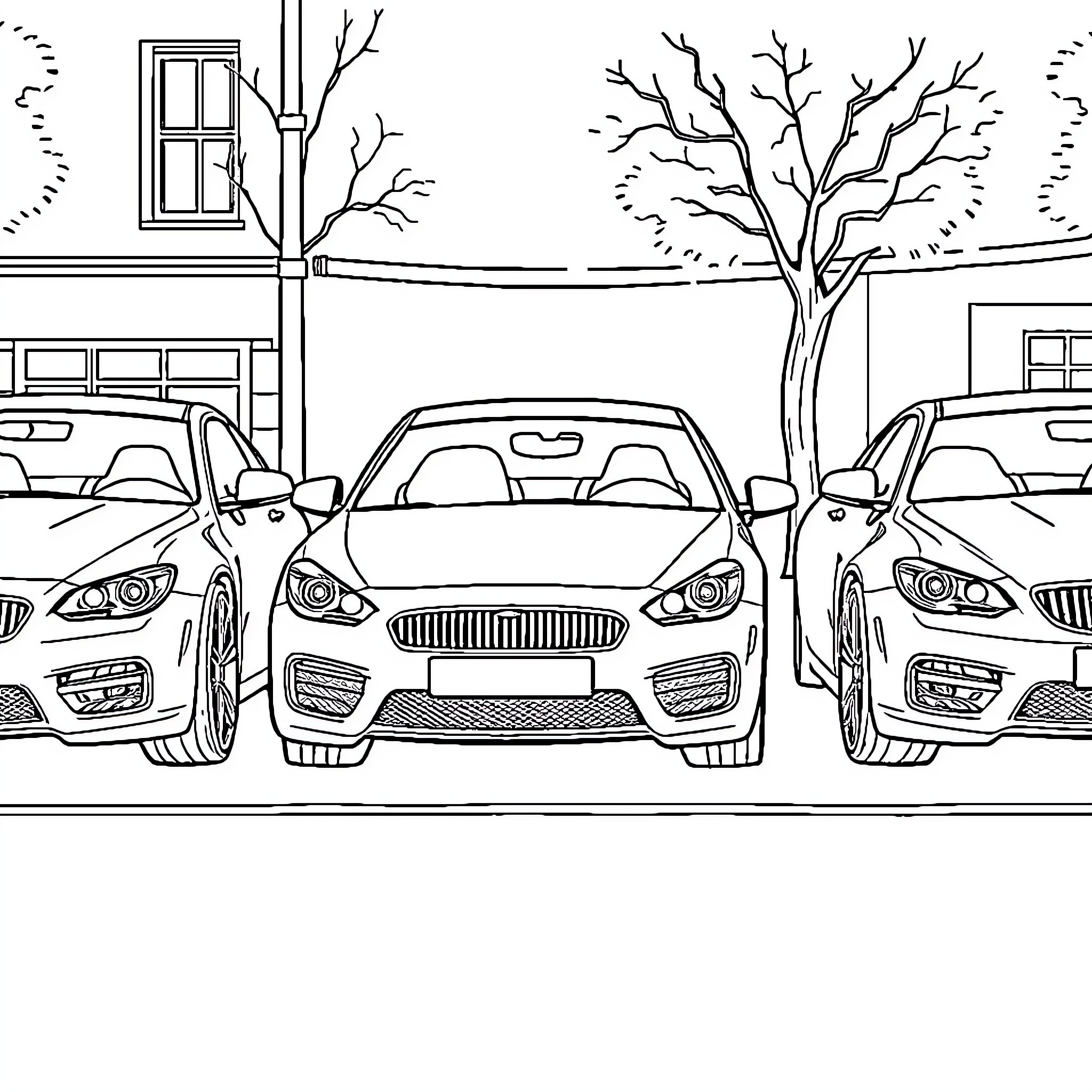 Car parked on city street with leafless trees Coloring Page (free black-and-white line drawing printable PDF for all, from beginners to advanced learners, including children, teens, adults, and seniors)
