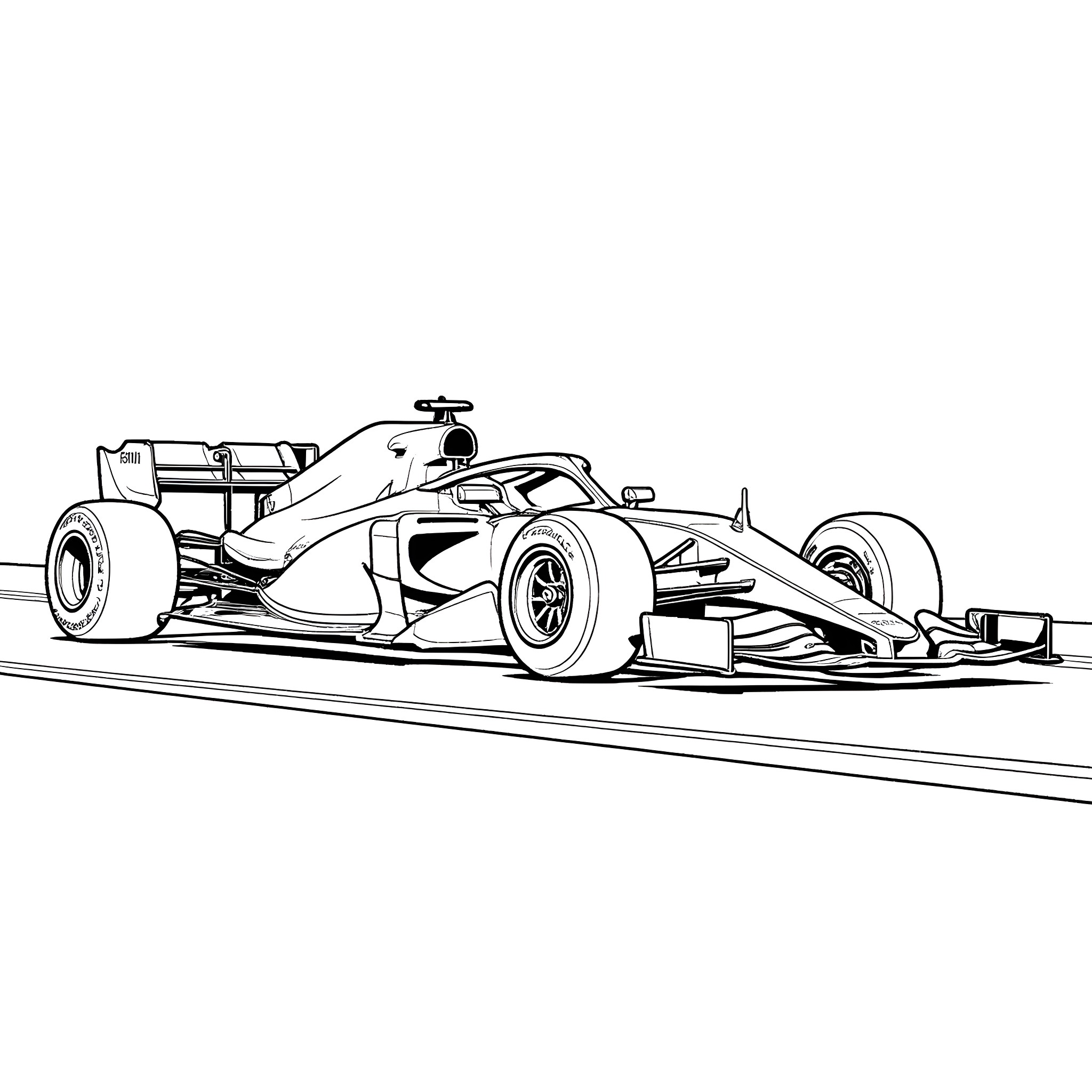 Formula 1 Race Car on the Track Coloring Page (free black-and-white line drawing printable PDF for all, from beginners to advanced learners, including children, teens, adults, and seniors)