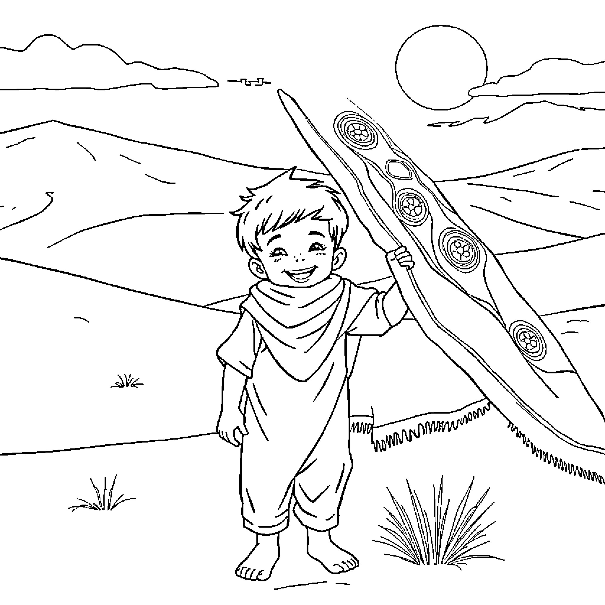 Enfant playing happily in a serene landscape Coloring Page (free black-and-white line drawing printable PDF for all, from beginners to advanced learners, including children, teens, adults, and seniors)