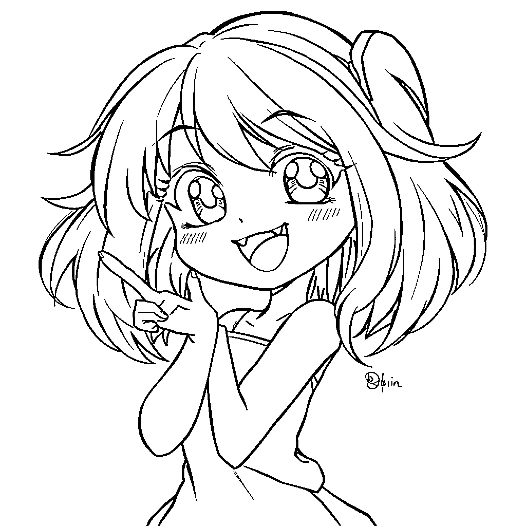 Anime Babe cheerfully gesturing Coloring Page (free black-and-white line drawing printable PDF for all, from beginners to advanced learners, including children, teens, adults, and seniors)