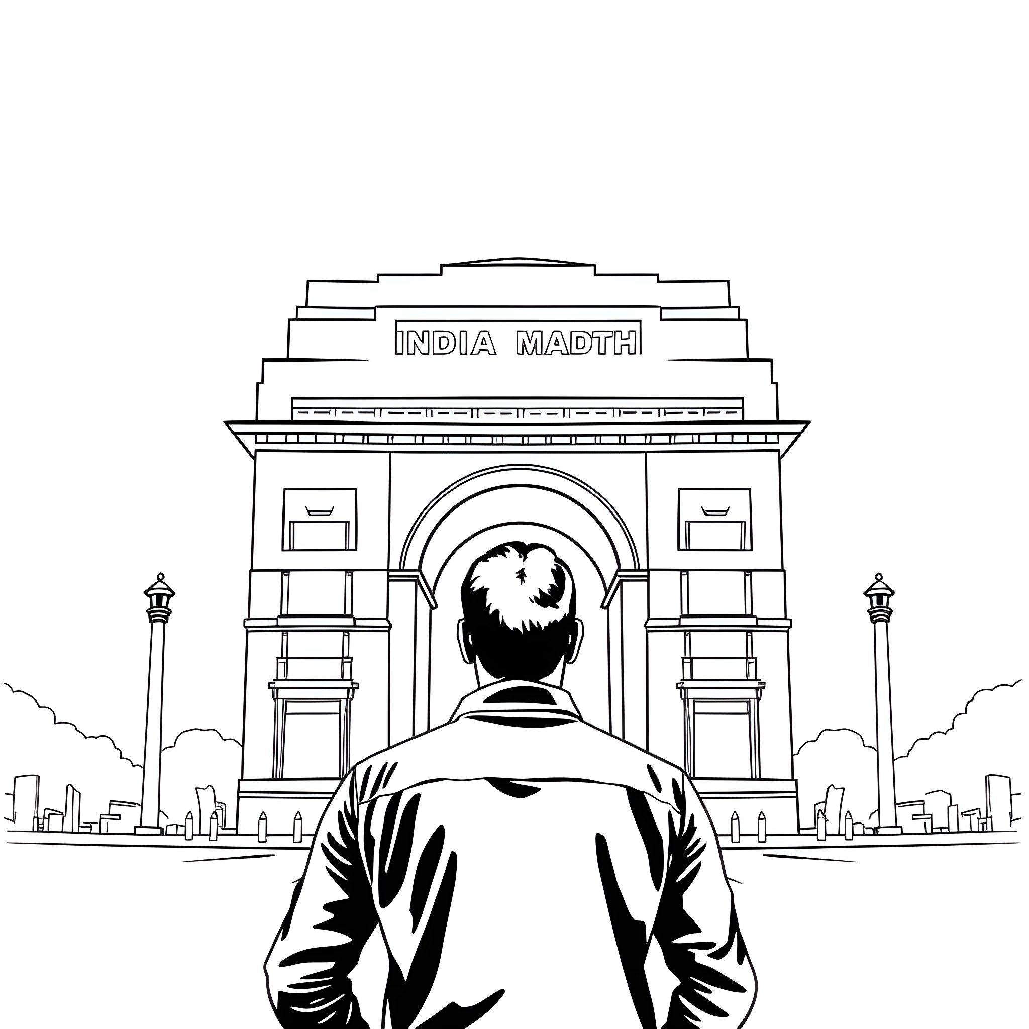 Man stands before iconic India Gate monument Coloring Page (free black-and-white line drawing printable PDF for all, from beginners to advanced learners, including children, teens, adults, and seniors)