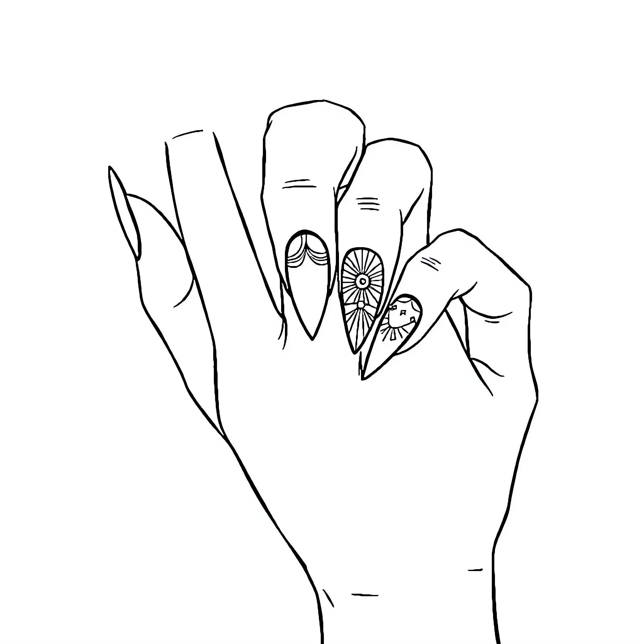 Hand showing intricate nail art design Coloring Page (free black-and-white line drawing printable PDF for all, from beginners to advanced learners, including children, teens, adults, and seniors)