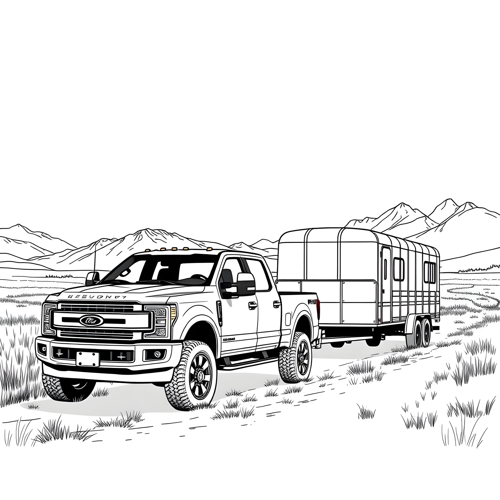 Pickup Truck Towing Trailer in Scenic Landscape Coloring Page (free black-and-white line drawing printable PDF for all, from beginners to advanced learners, including children, teens, adults, and seniors)