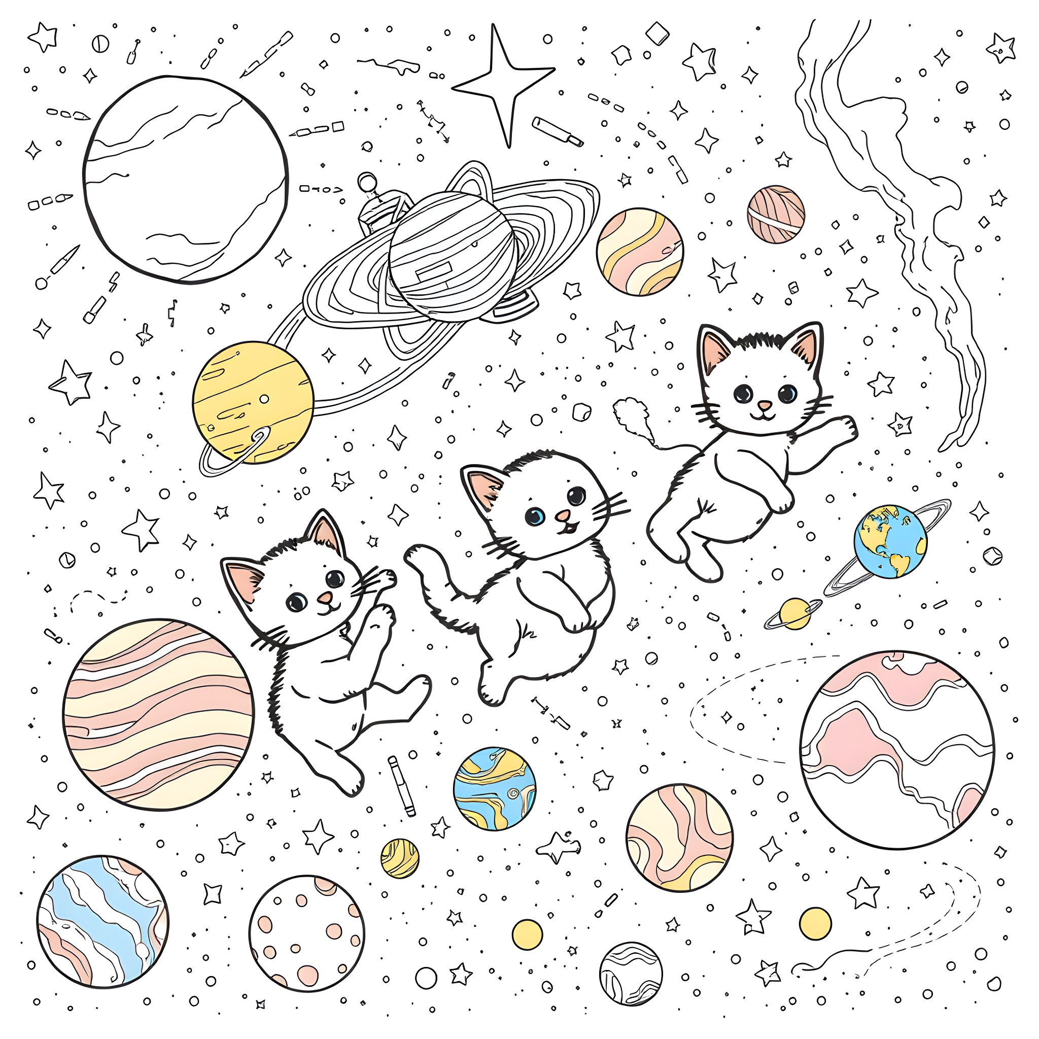 Kitty Adventures in Cosmic Wonderland Coloring Page (free black-and-white line drawing printable PDF for all, from beginners to advanced learners, including children, teens, adults, and seniors)