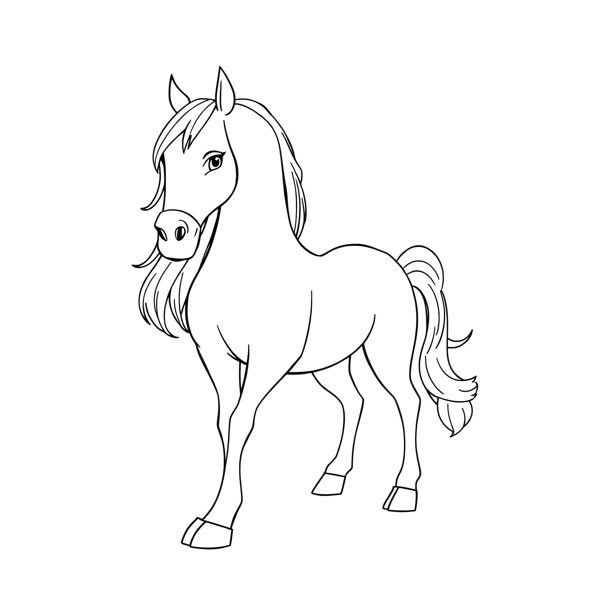 Model of a horse standing with simple outlines Coloring Page (free black-and-white line drawing printable PDF for all, from beginners to advanced learners, including children, teens, adults, and seniors)