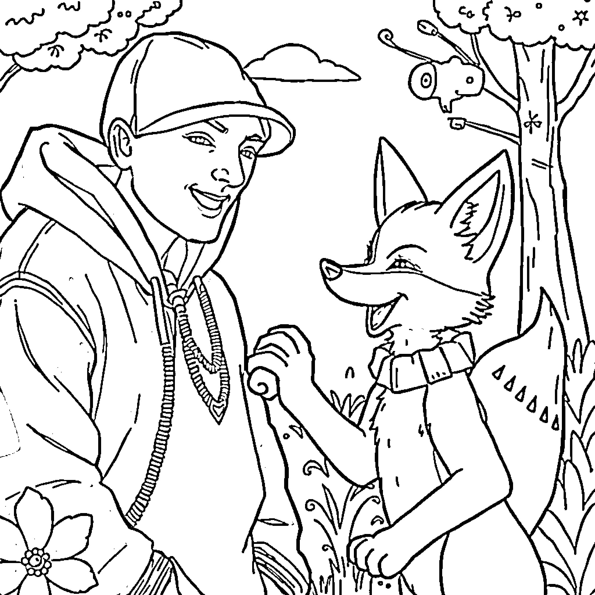 Eminem Hangs Out with Friendly Forest Fox Coloring Page (free black-and-white line drawing printable PDF for all, from beginners to advanced learners, including children, teens, adults, and seniors)